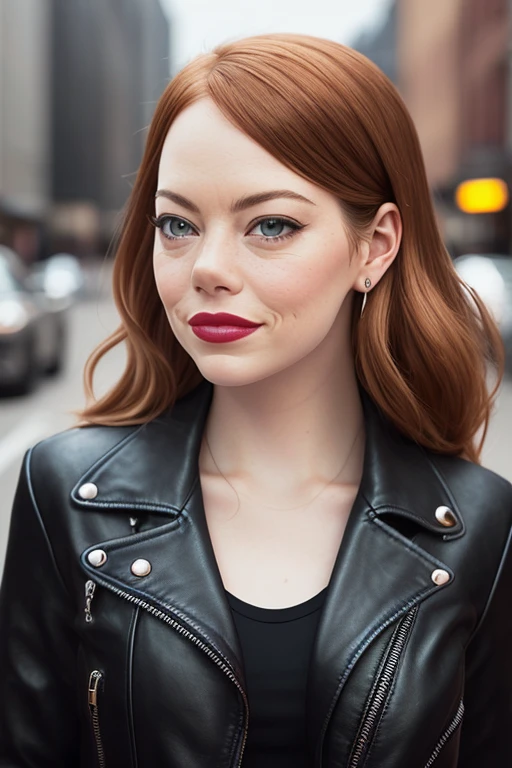(nudity, explicit, :1.1) emma stone, realistic skin texture, (black leather jacket, black boot,), walking down busy city street, sharp focus, 8K high definition, insanely detailed, intricate, art by Stanley Lau and Artgerm, bar setting, extremely detailed hazelnut eyes, long golden red hair with side bangs, red lips, brown eyeshadow, black outlined, black mascara, chubby, curviline, plump, ear piercing