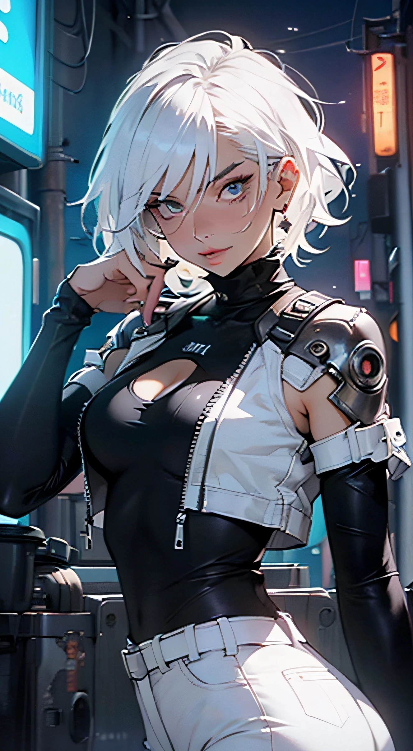 mulher magra e magra 30 anos (Emily Ratajkowski ponto de vista), short hair, cabelos brancos, preenchimento labial, lips sexy, Big Lips, regata preta bem fechada, cyber accessories, jaqueta branca Cyberpunk desabotoada, black cybernetic bodysuit, big black pants, Beautiful, seios pequenos, pose sensual, olho azul, neon lights, Cyberpunk, bumbum pequeno, luz de fundo, pele molhada