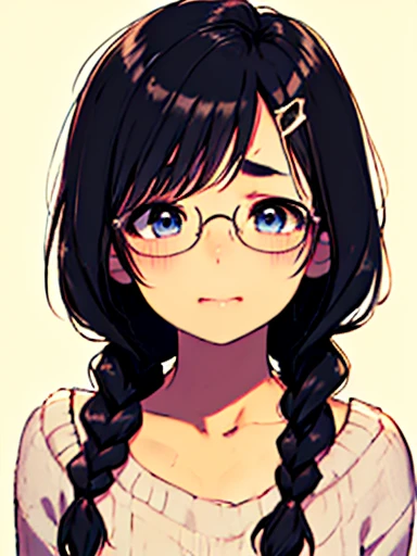 masterpiece, top-quality, One lady, One Pose, The best smile, Japan people in their 20s, (A dark-haired, Short Bob Hair, emphasize curly hair, The whole hair has strong waves, With bangs, Gather the hair in the back with two braids(Length to the waist), attach hairpins to bangs), (thick eyebrow, draw thick eyebrows), (drooing eyes, Blue eyes, Blue eyes), Small nose, Thicker lips, (Rimless glasses, Small glasses, glasses for women), Wheat-toned skin, Realistic drawing of the whole body, (Looking at the camera, Front of camera, Look at viewers, Front attitude, Turn your face to the viewer, face forwards).