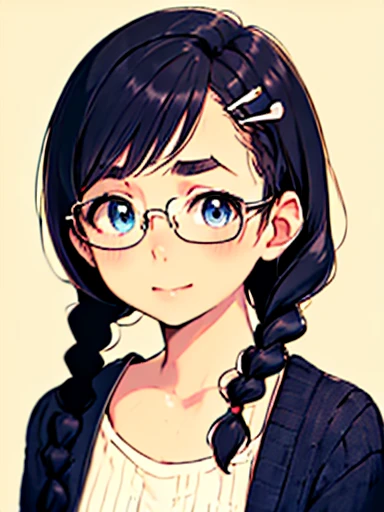 masterpiece, top-quality, One lady, One Pose, The best smile, Japan people in their 20s, (A dark-haired, Short Bob Hair, emphasize curly hair, The whole hair has strong waves, With bangs, Gather the hair in the back with two braids(Length to the waist), attach hairpins to bangs), (thick eyebrow, draw thick eyebrows), (drooing eyes, Blue eyes, Blue eyes), Small nose, Thicker lips, (Rimless glasses, Small glasses, glasses for women), Wheat-toned skin, Realistic drawing of the whole body, (Looking at the camera, Front of camera, Look at viewers, Front attitude, Turn your face to the viewer, face forwards).
