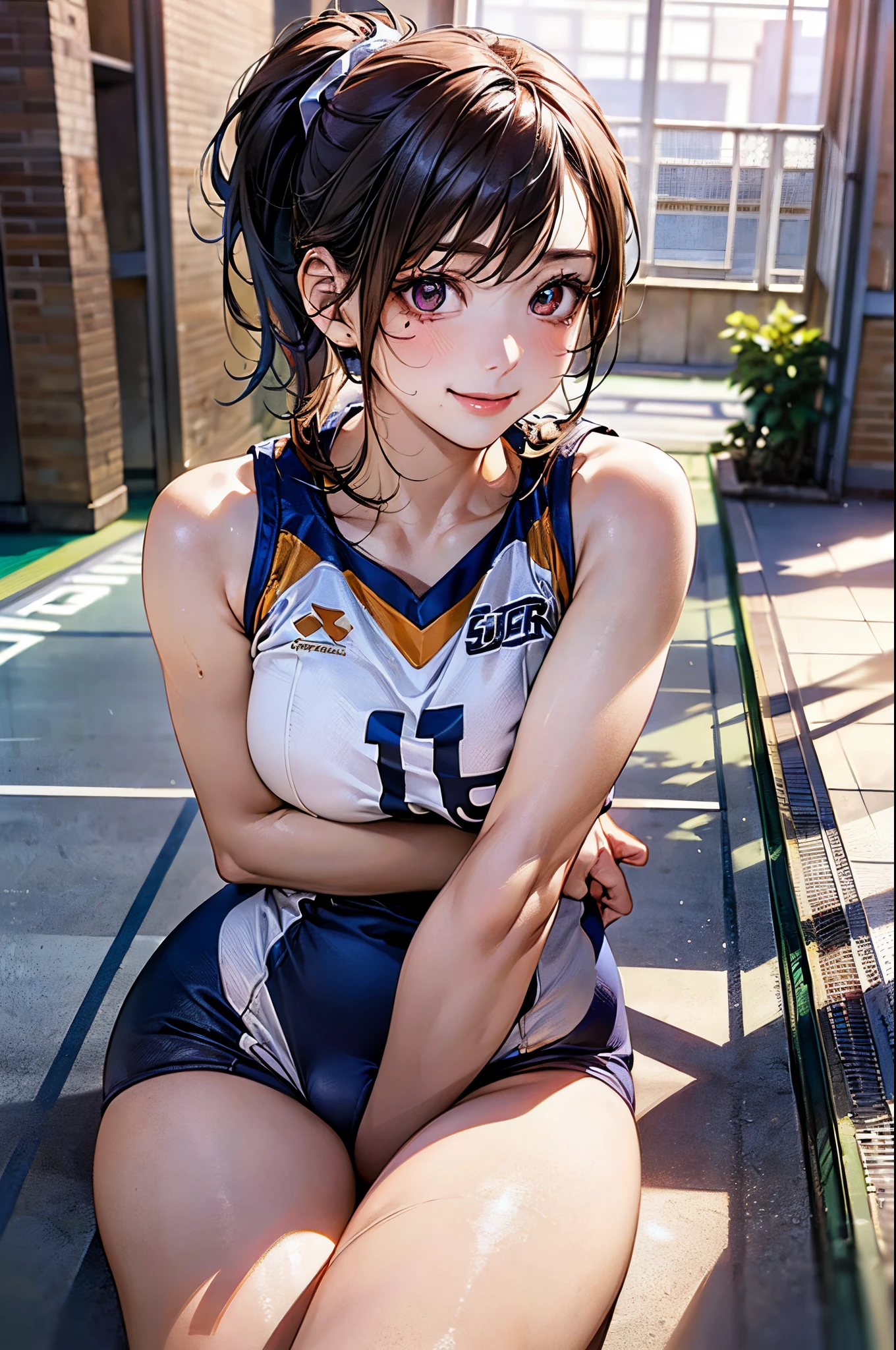 ((((perfect anatomy, super detailed skin)))), 1 girl, japanese, 16 years old, volleyball player, shiny skin, watching the view, 
beautiful hair, beautiful face, beautiful detailed eyes, brown eyeiddle hair:1.4, ponytail:1.5), 
beautiful collarbones, beautiful body, Beautiful breasts, beautiful thighs, beautiful legs, babyface, mole under eye, large breasts:0.5, seductive thighs, cameltoe, 
((symmetrical clothinetallic, sleeveless, volleyball uniform)), 
 Face full of scars、Skin shiny with sweat、 injured scared girl、 crying wet bursting out eyes, real tears streaming down face, ultra-detailed eyes,bandaid on face,covered with mud,expression of despair,Illumination that emphasizes shiny sweat{{{Spread }}},(crotch rope walking:1.0), one knee, sitting floor, spread leg, 
(beautiful scenery), morning, ((gymnasium), stadiam), 
(8k, top-quality, masterpiece​:1.2, extremely detailed), (photorealistic:1.4), beautiful illustration, natural lighting,