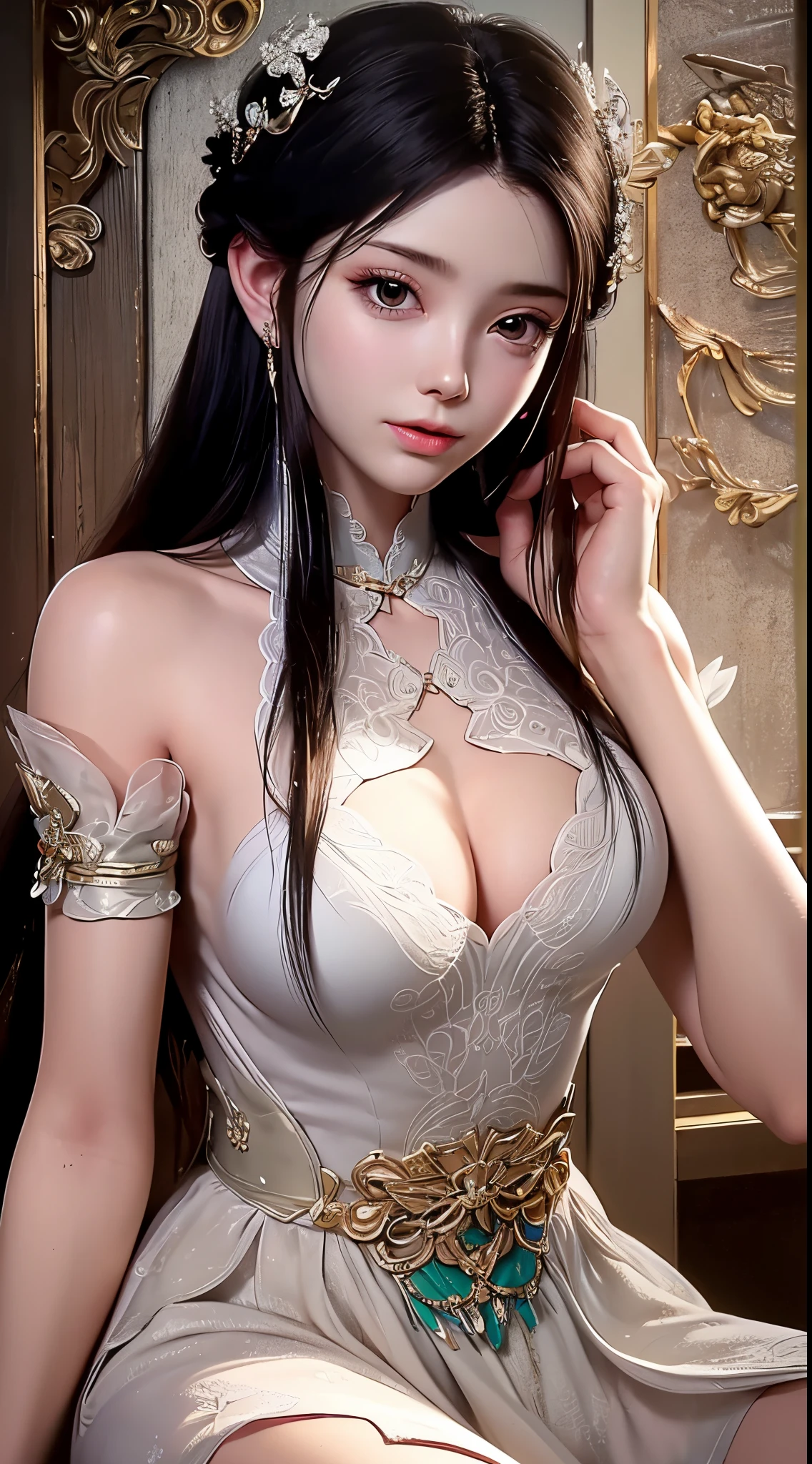 1 beautiful girl, girl with a pretty little face, ((nude:1.7)), ((NFSW :1.5)), ((wearing a white shirt with a sexy antique style:1.3)), showing off her plump, round breasts, Super beautiful and detailed hair jewelry, colorful gemstones, elegant pose, garden background, soft lighting,vibrant colors, delicate facial features, long jet black hair, big and round breasts, black eye pupils, round breasts, big round and super detailed golden brown eyes, ((orange red makeup eyeshadow: 0.6)) ,((mouth closed:0.8)), don't laugh, dreamy atmosphere, girl with a well-proportioned body, ((Sit back and open your legs wide 1.8)), ((unashamed:0.8)), ((push your chest forward:1.3)), ((clasp the girl's hands behind her back: 1.2)), ethereal beauty, proud expression, clasped the queen's hands behind her back, strikingly graceful, lovely and charming, attention to detail, regal and majestic, fairytale-like ambiance,1 girl, 1 alone, ((frontal portrait:1.5))."