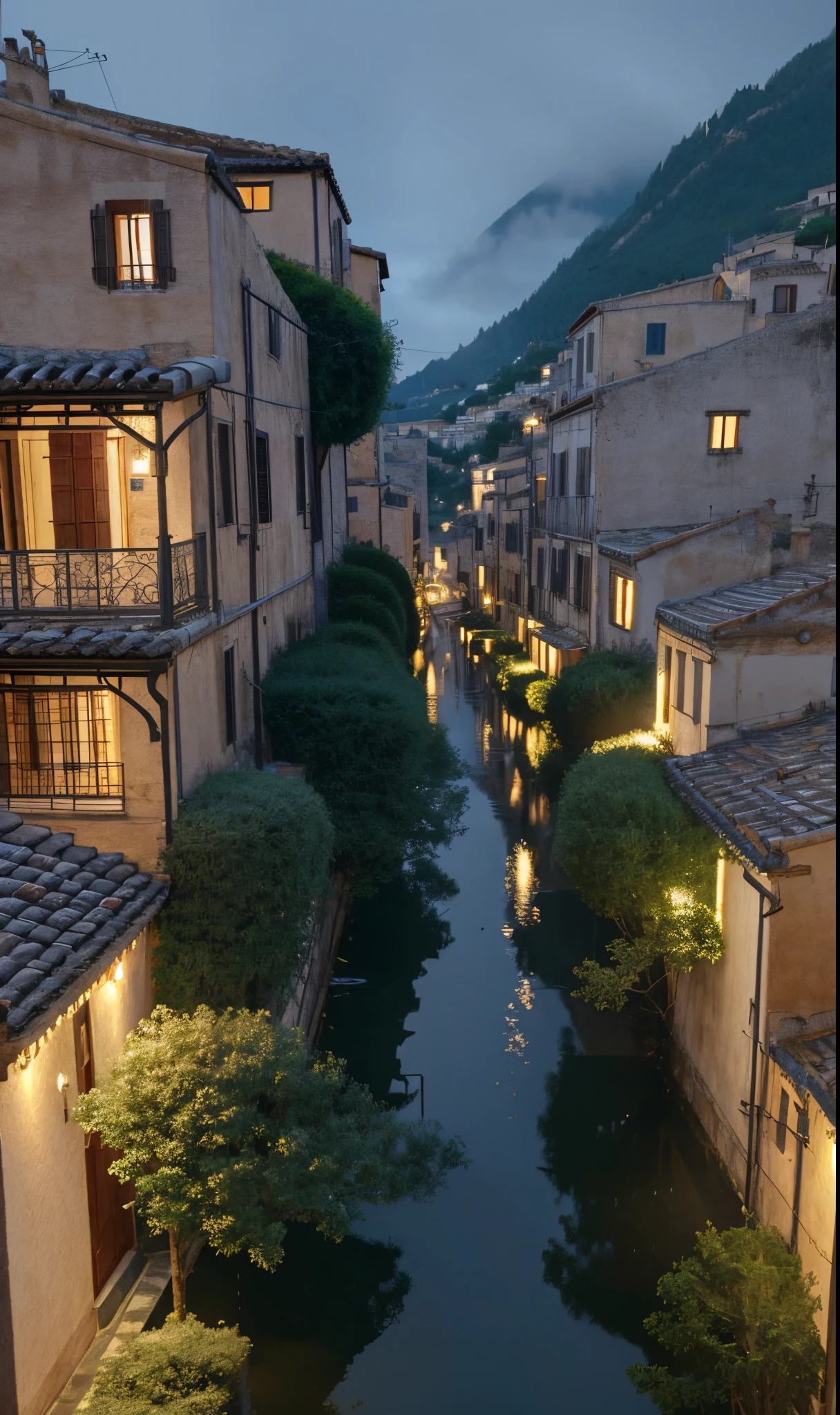 Rough village with many lights on the buildings々Nice view、A dreamy Sicilian town、Sicilian village、amazing wallpapers、Ultra-realistic town photos、By Raymond Han、beautifully lit buildings、Evening in the rain、Beautifully Aesthetic、a picture、film like、8K、high detal ((Heavy Rain)))