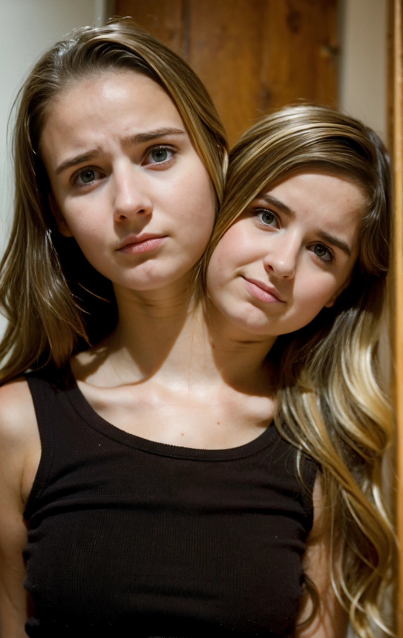 2heads, (two headed girl:1.5), (13 year old girl:1.5), (brunette and blonde:1.3), (uncomfortable and upset:1.3)