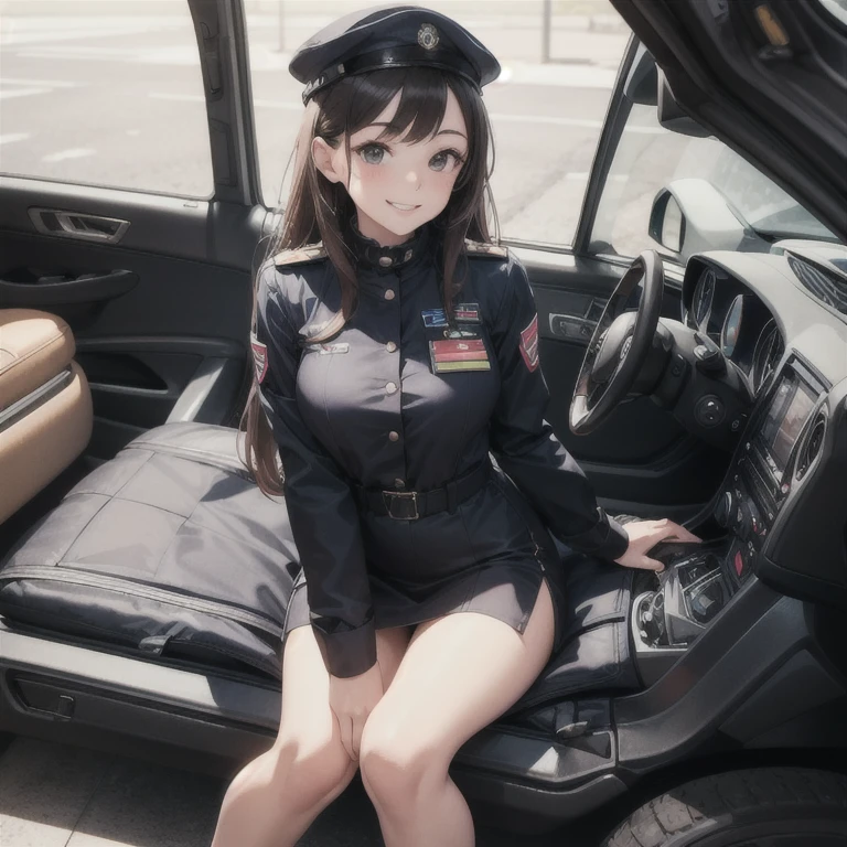 Top quality, Masterpiece, Super high res,(Photorealistic:1.4), Highly detailed, Professional lighting smile, Masterpiece, Top quality, Highly detailed, Octane rendering, Superior,(Japanese girl_woman:1.1),Japanese girl, Woman sitting in car, shot from distance, upper body uniform, in car Woman sitting, car door wide open, showing cunt from inside car, pubic hair black, legs spread wide, crouching, female genitalia exposed