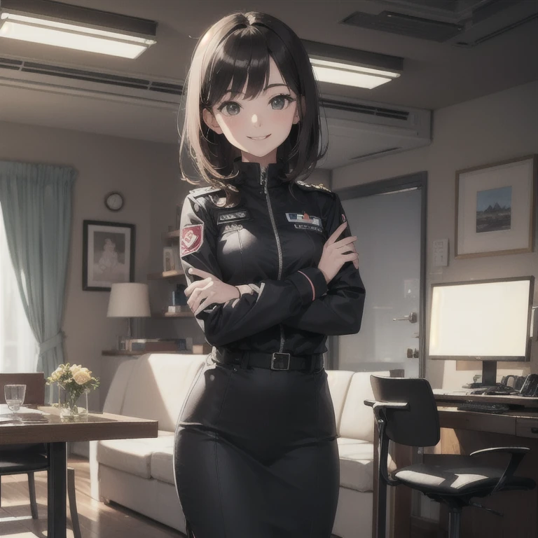 A 25 years old girl wearing pilot dress, smiling face, looking at viewer