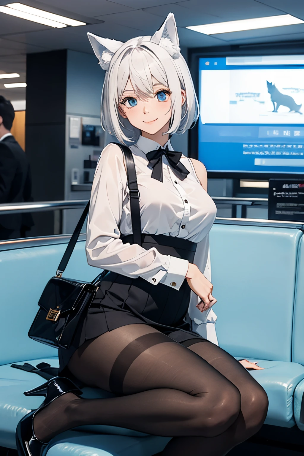 masutepiece high-level image quality Top image quality 8K Lady(Soio) portlate cabin attendant blouse(a black ribbon) tight skirts pumps(high-heels) Black tights((Nero)(pantyhose)(Thick)) Wolf ears short-cut((White hair)(fluffly)) Eye color is blue Background with(airport) a smile(A sexy) Shoulder bag
