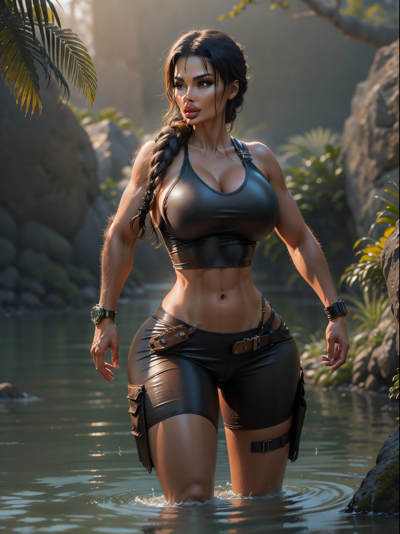 Lara croft em um lago, pose sexy, em um micro short, Seios enormes, decote, body curvy, Huge and raised ass, melhor qualidade, 8k,