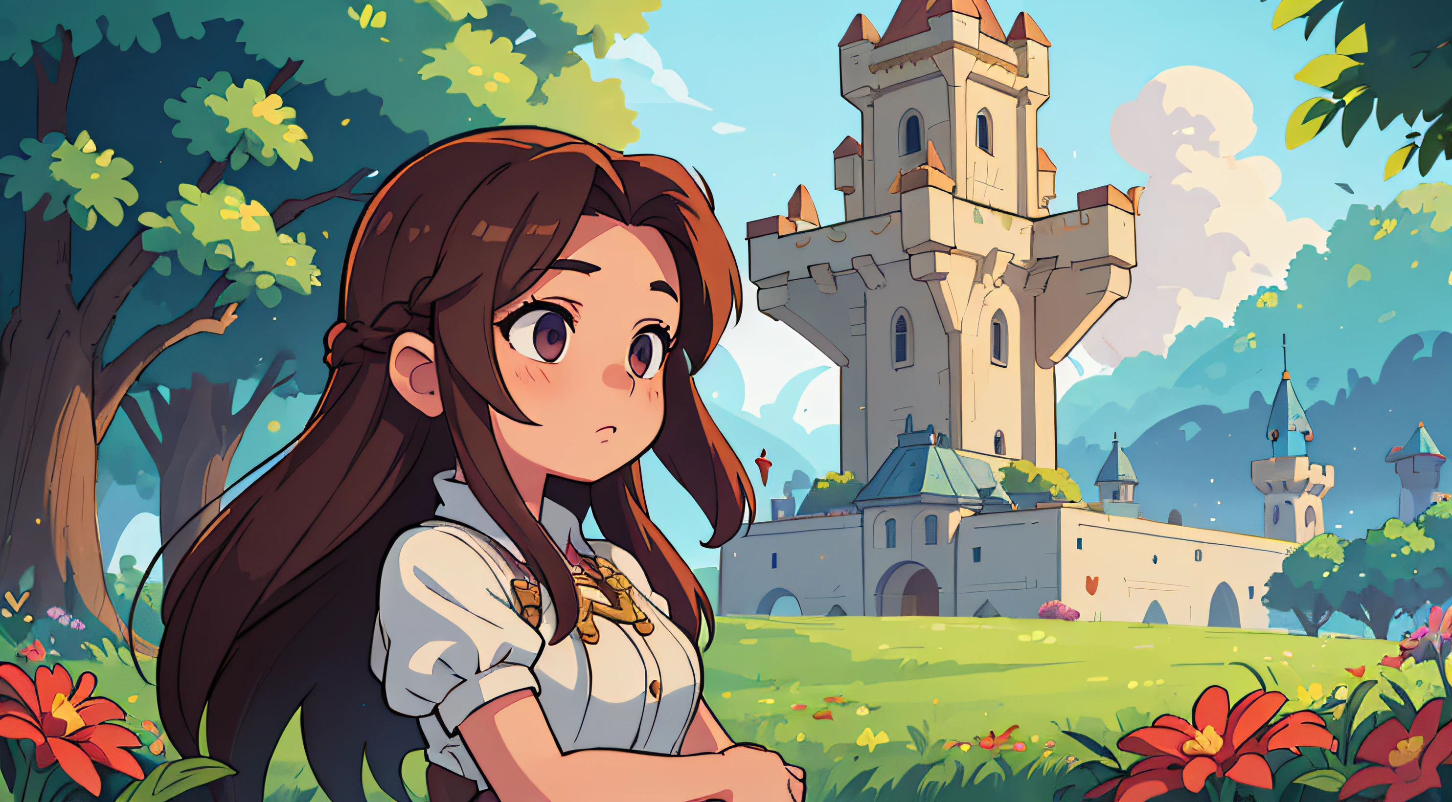 ((best quality, masterpiece)),
1girl, Aerith from final fantasy, flowers, white, outdoor, clouds on background, fantasy, medieval, castle on background
