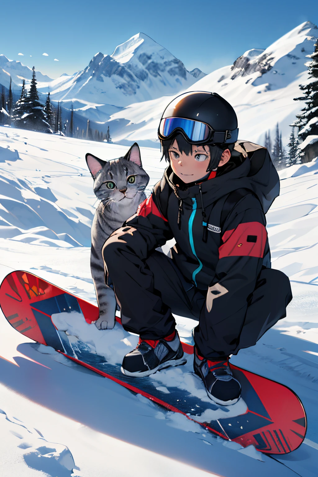 6 year old boy and his gray cat snowboard, mountain, snow, helm und schneebrille. junge hat helles braunes haar