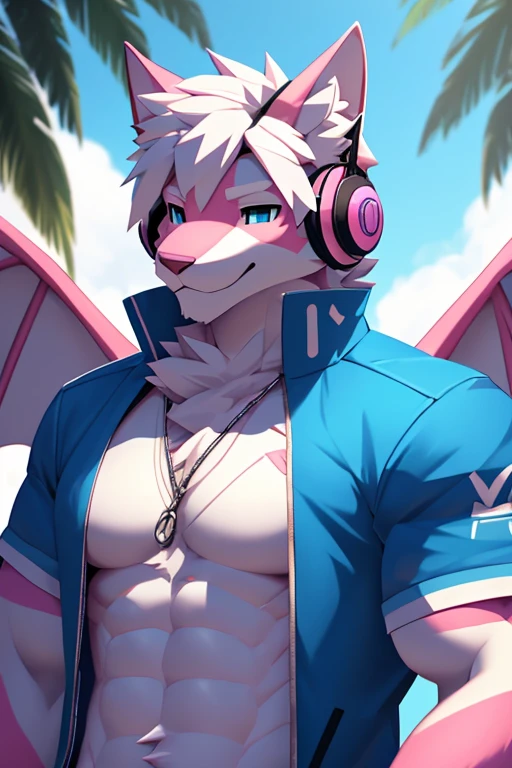 a man with a pink hat that says y2k and has pink and white dragon wings on the back, a low poly render by Kanbun Master, tumblr, furry art, roblox avatar, fursona wearing stylish clothes, white fluffy hair almost covering the eyes, ocean blue colored eyes, white and blue colored headphones with cat ears, white croptop with design, pink fur with white underbelly, pink fur legs with white paws, blue jacket tied around the waist, wearing pastel colored bracelets and pink and blue pastel short gloves, has no lower clothing, muscular, male furry style, oc rendered, generic furry style, high quality topical render, realistic render shading, big penis, cum, NSFW
