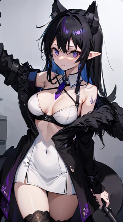 {{tmasterpiece}}，Best quality at best，Very detailed CG-8k wallpaper，电影灯光，lens flare glow，beautidful eyes，color black，The kinky  exposed，black lace bras，Colorful light，Particulate matter，heterochromatic，（One color：1.5）， （black color hair：1.5），Sexual turn，purple eye chest，Torn black leggingermaid thread in elf ears，ragged company，Wearing patterned black，wrapped in blurry white，of the lower body，Support with your arms，Legs are very thin and long，The texture  deliose hair
