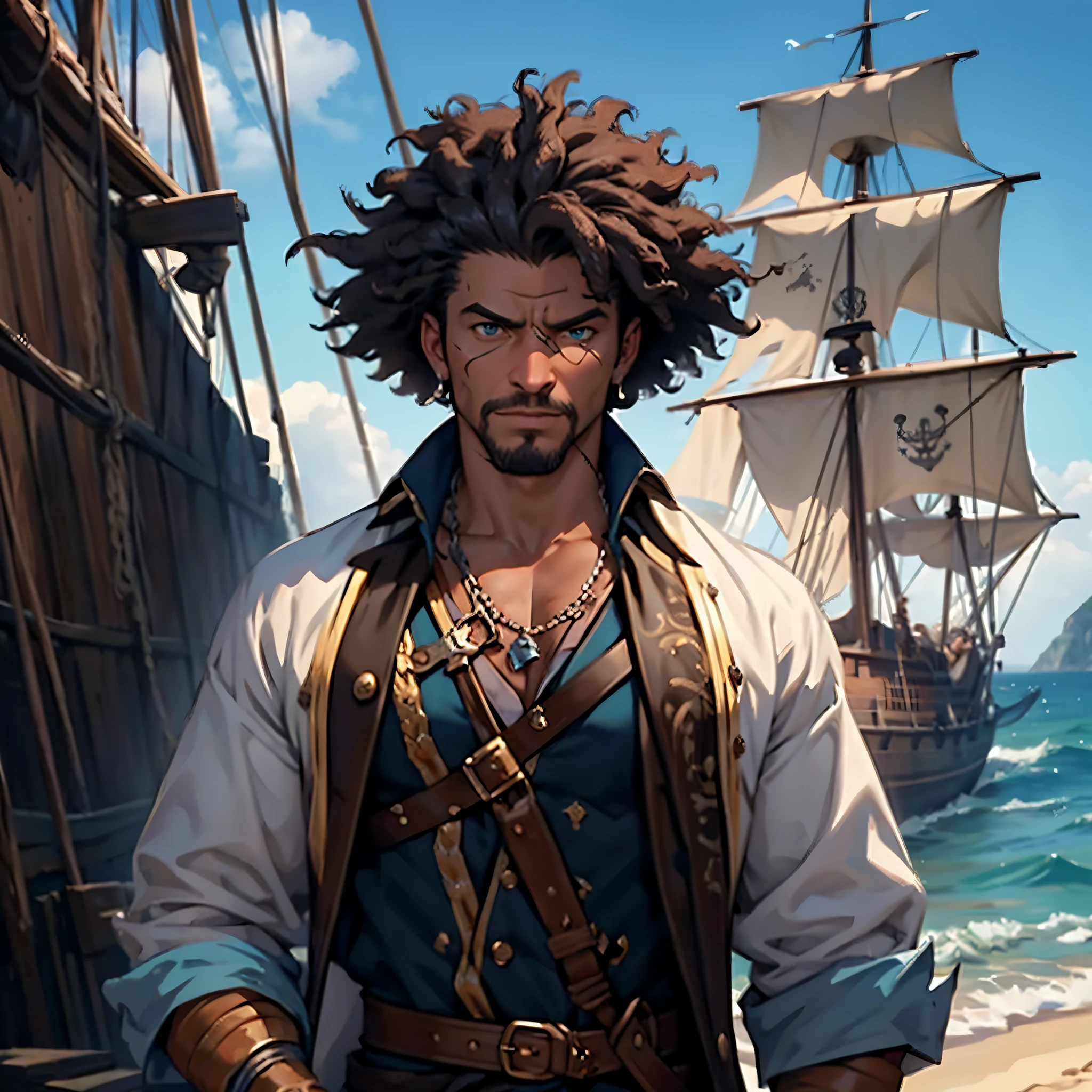 masterpiece, Best Quality, detailed, person upper body, Cinematics, 4k, Background with: pirate ship on the blue sea, afro perm brunette, A middle-aged pirate with many scars on his face..., Surprised expression