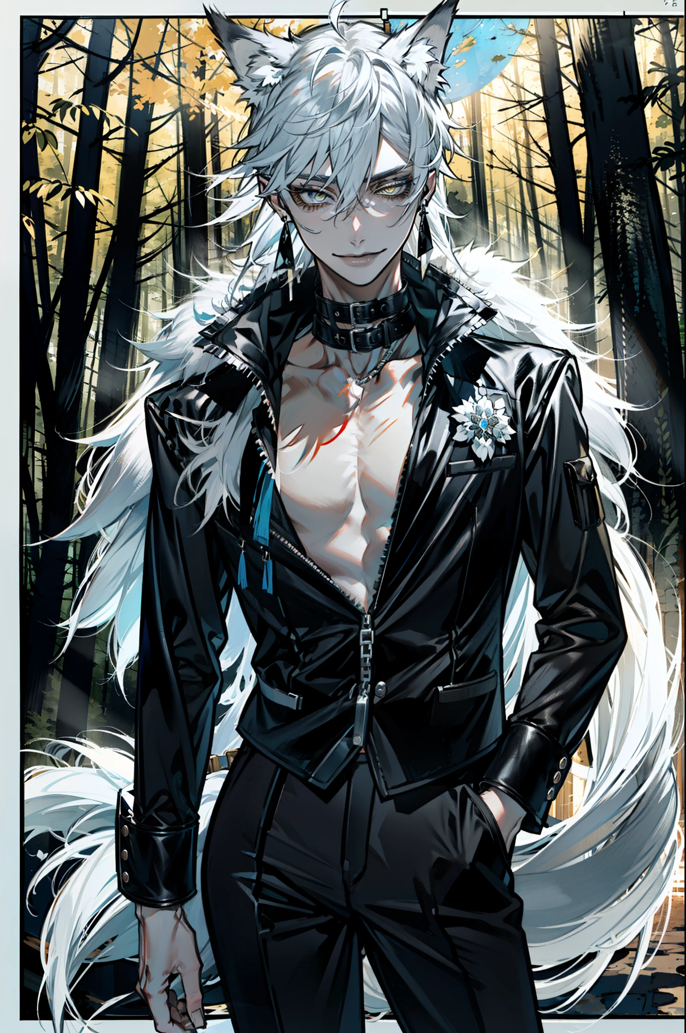 (absurdres, highres, ultra detailed), 1man, adult, handsome, tall,, finely detailed eyes and detailed face, black leather pants, no shirt, open chest, night, smile, dutch angle, ((long white hair)), (((wolf ears))), wolf white tail, moon, forest, black horns in his head, silver details, earrings, black chocker, gothic, dark, black simple dress, looking at the view, pale skin, yellow detailed eyes, eyeliner, dog collar, (((open chest))), leather jacket