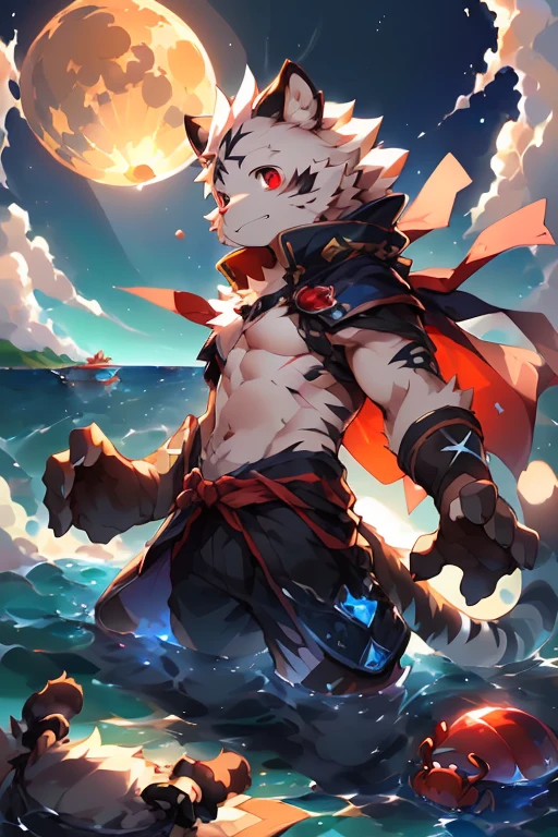 own, 1 boy, tmasterpiece, bust，Best quality, hairy pubic, Common, only, (White fur:1.1), (white and black skin:1.2),( light skin color:1.2), [aardwolf|Tigre], male people, mature, Masculinity, end, Maskral, Willow waist, , strength, 8K, (Wide dynamic range, HighDynamicRange:1.2), digitial painting \(Puth#39;s work (author：Pino Deheni, Crab clams, Tiger 1145, Dagasi, Sam,), (Starbucks Zero Ghost, Announced by Canyne, author：Arashi Takemoto, the scars, There are scars on the face, Tattoos are,Ren Paulin, lacivious pose, natta, moon full, look away, standing on liquid, ripples, reflector, Full body lesbian, seen from the side, (the ocean:1.2), Eau, A vibrant one, wide wide shot, cloud, As estrelas \(sky sky\), Starcloud, milky ways, red eyes,