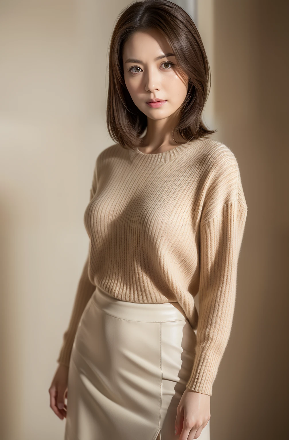 masuter piece, top-quality, masterpiece, hight resolution, Photorealsitic, Raw photography, 8k wallpaper, flawless, profetional lighting, ighly detailed, depth of fields,Pale solid color background, ((One beautiful woman)), ((30-years old)), Female sexy, Detailed face, beautidful eyes, bangss, small breasts of good shape, Light Brown Straight Hair, Faint lips, ((Stand facing forward and look into the viewer's eyes with a serious face.)),Sweaters, skirt by the, Feet out of frame