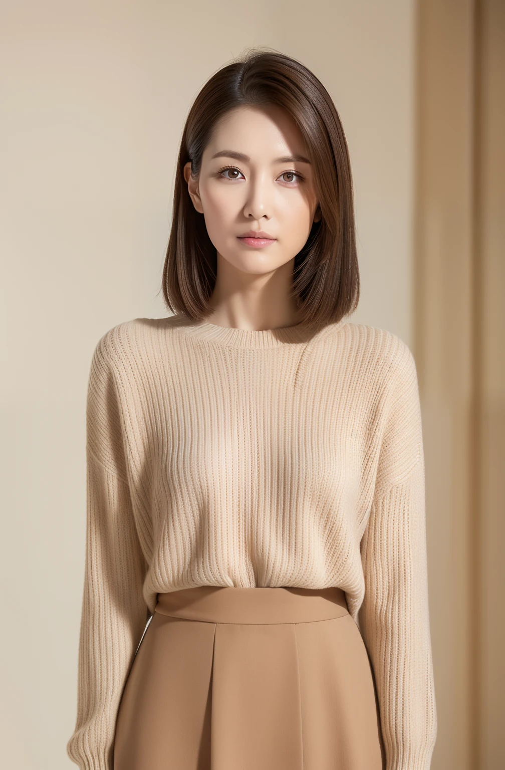 masuter piece, top-quality, masterpiece, hight resolution, Photorealsitic, Raw photography, 8k wallpaper, flawless, profetional lighting, ighly detailed, depth of fields,Pale solid color background, ((One beautiful woman)), ((30-years old)), Female sexy, Detailed face, beautidful eyes, bangss, small breasts of good shape, Light Brown Straight Hair, Faint lips, ((Stand facing forward and look into the viewer's eyes with a serious face.)),Sweaters, skirt by the, Feet out of frame
