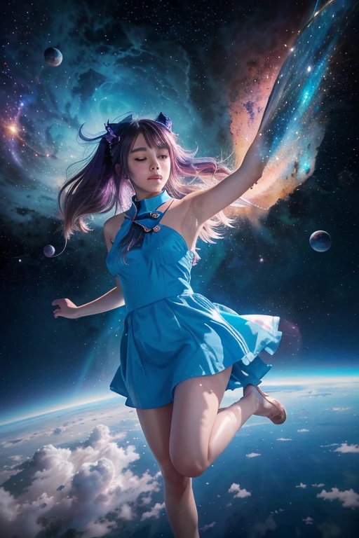 anime girl in a blue dress flying through the air, an anime drawing inspired by Yuumei, pixiv, space art, girl in space, dreamy psychedelic anime, makoto shinkai cyril rolando, anime girl with cosmic hair, floating in the cosmos nebula, floating through space, in the astral plane ) ) ), floating in the universe, floating in outer space