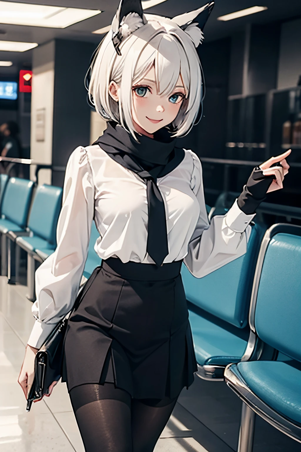 masutepiece high-level image quality Top image quality 8K Lady(Soio) portlate cabin attendant blouse(a black ribbon) tight skirts scarf pumps(high-heels) Black tights((Nero)(pantyhose)(Thick)) Wolf ears short-cut((White hair)(fluffly)) Eye color is blue Background with(airport) a smile(A sexy) Carry Case