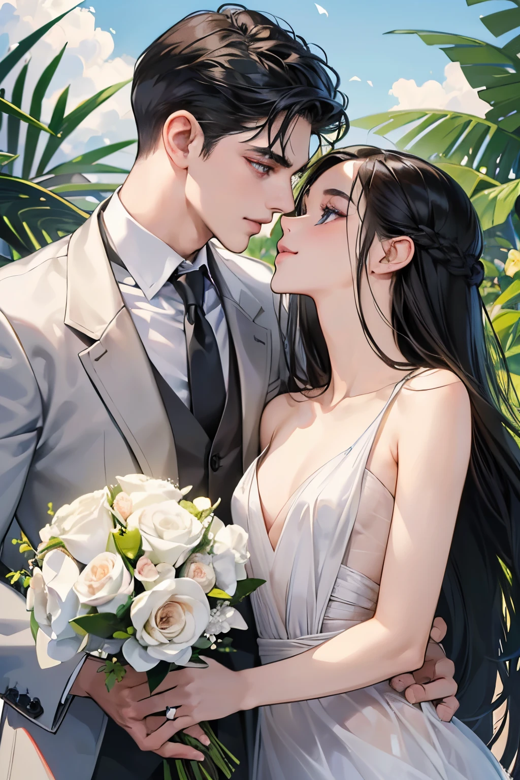 (masutepiece, Digital Art, Digital Illustration, 4K, 8K, Ultra-detailed, beautiful image, Sharp Image, Photorealistic, Raw photo, Perfect face, Perfect lines, Perfect eyes, Soft lighting) ,1 woman, (Long Black Hair,straight haired,Bullish gaze,Beautie,ellegance,Solid makeup,23 y-o woman,small tits:1.3),Two handsome men in suits, (ember,well-muscled,Firm shoulder width, Man's,Boyish hairstyle,English gentlemanly style,Man in his 30s with a cool expression,28-year-old man with bright smile:1.2),Show white teeth and smile(embarrassed from,Shy smile:1.1),shores,Beach,beach wedding、innocent smiles,Laugh、couple kissing、kiss、the kiss、Romance、Mermaid Line Wedding Dresses、Wedding、bouquet of beiragnoria