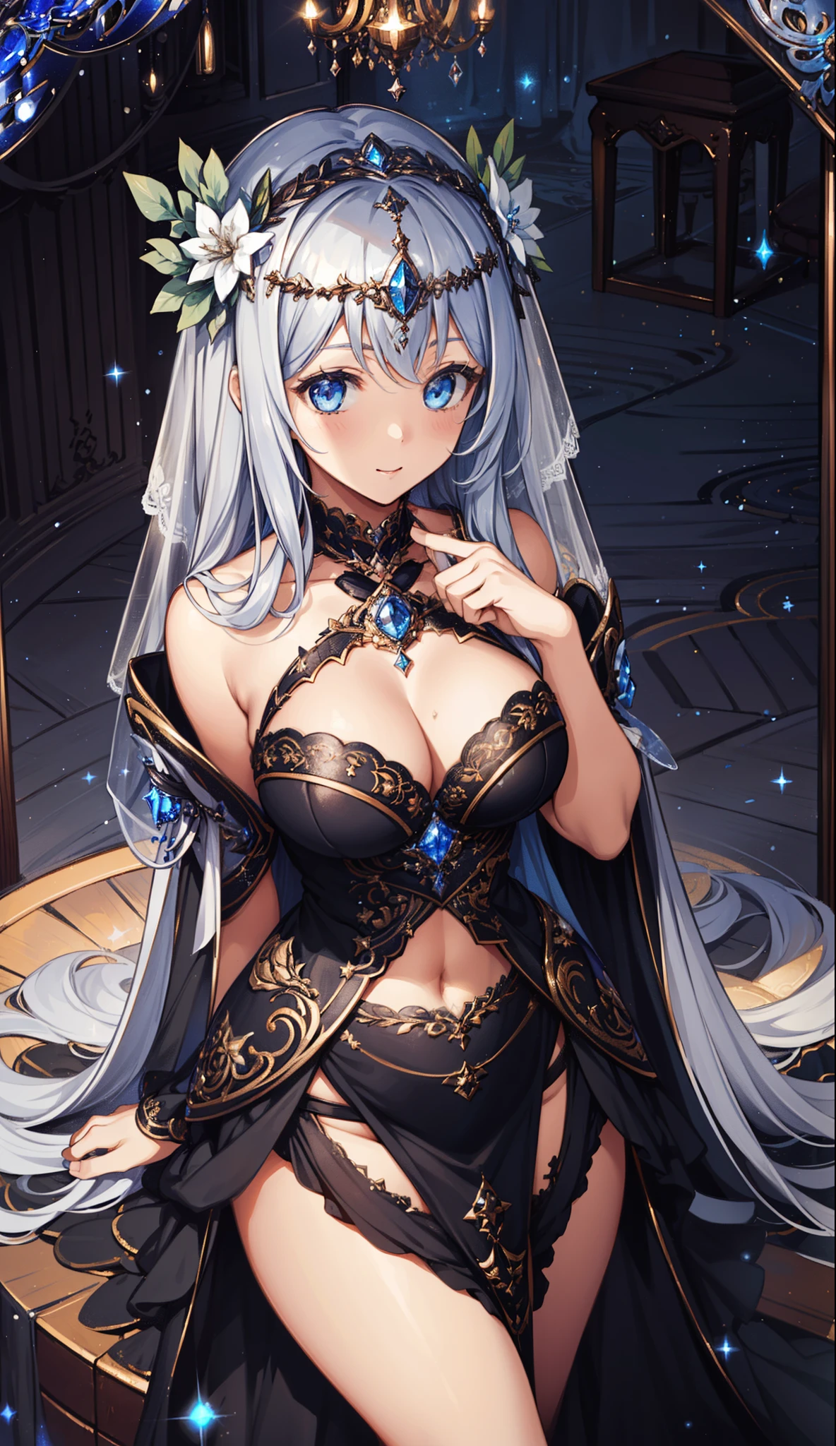 1 girl, (((ultra - detailed))), ((tmasterpiece)), ((illustratio)), , Starlight Virgin, Black gorgeous dress, Curvy woman, Veil, sliver long hair, White skin of the, Atmosphere surrounded by stars，Diamonds decorate clothes, Go belly up, Exquisite and beautiful eyes
