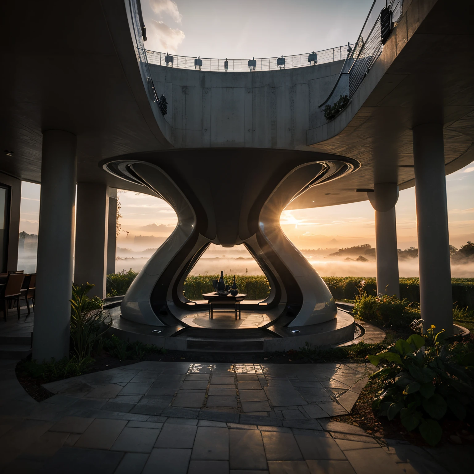 hyper realistic organic futuristic villa designed by Zaha Hadid with black frames , sunset , hyper realistic, depth of field , modern architecture, minimal architecture , futuristic architecture , foggy , lights on front garden no human, isometric view