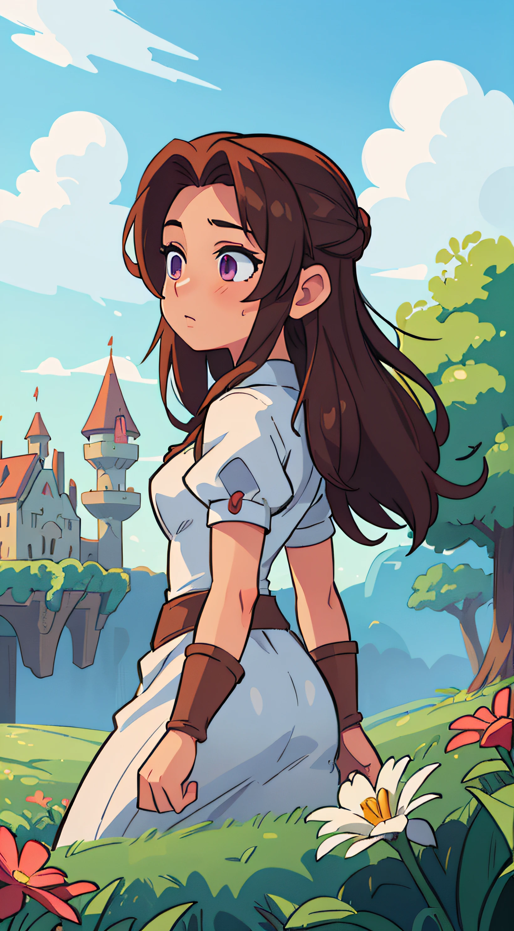 ((best quality, masterpiece)), 1girl, Aerith from final fantasy, flowers, white, outdoor, clouds on background, fantasy, medieval, castle on background