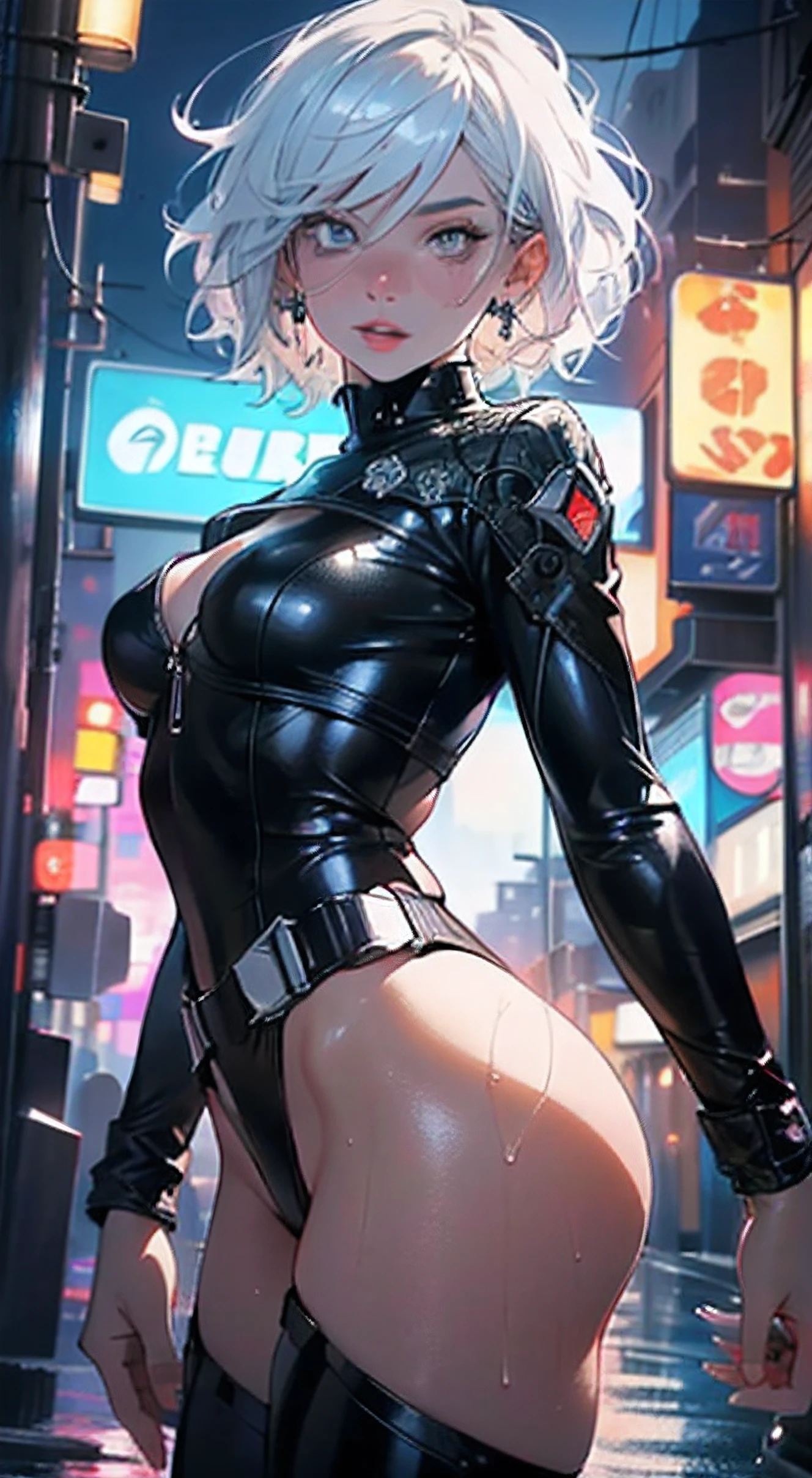 Mulher 30 anos cabelos brancos, (Lea Seydoux pov), short hair, preenchimento labial, lips sexy, Big Lips, jaqueta branca Cyberpunk desabotoada, black cybernetic bodysuit, Beautiful, seios pequenos, pose sensual, olho azul, neon lights, Cyberpunk, bumbum pequeno, luz de fundo, pele molhada, Garota Cyberpunk, olhos cristalinos, (gradient color eyes),(((olhos coloridos))), olhos intrincados,belos olhos detalhados,symmetric eyes,(((Pele Lustrosa:1.5,pele brilhante: 1.5,pele bronzeada,pele brilhante,pele muito brilhante,corpo brilhante,plastic glitter skin,pele brilhante exagerada,pele iluminada,pernas molhadas))),(abdome inferior da aranha,cintura estreita,quadril largo,corpo atletico,pernas infladas,corpo detalhado,(Rosto detalhado)), fofo,Sacanagem,Erotic,((NSFW)), pernas longas,clivagem,(((roupas molhadas,roupa intrincada,roupas intrincadas))), (Pose hipnotizada:1.0),Hipnotizado,(Centrado,scale to fit dimensions,rule of thirds), Cyberpunk city by the sea at night, with bright neon signs and dark stormy clouds and puddles, scenecy:1.25,noite, Noite estrelada, Cosmos,Noite muito escura que faz as luzes neon se destacarem, Very bright neon lights,noite, Noite estrelada, Cosmos, Artistic photography,(Fotografia tirada por SLDR),Altas, foco nítido,(ultra detalhado, extremamente detalhado), (Arte Fotorrealista:1.37),(extremamente detalhado CG unidade 8k papel de parede),((Tema de fundo synthwave)),(((cores vibrantes))),intrincado,(fundo intrincado),(master part),(best quality),rosto renderizado perfeito,Detalhes perfeitos do rosto,Rosto realista,foto realista,analogue style,((detalhes intrincados)),(((realismo))),