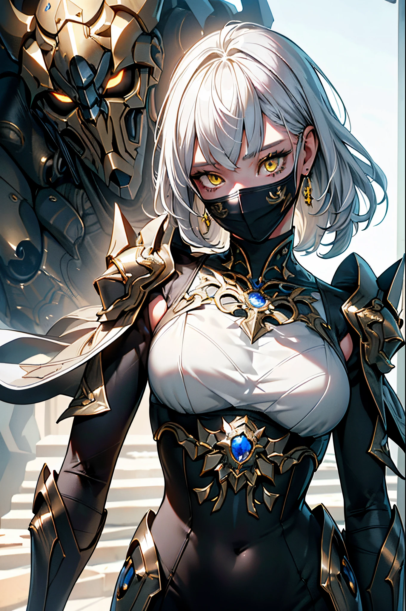 (masterpiece:1.2,high quality), 1girl, ((ultra realistic details)), global illumination, shadows, Dynamic Lighting, Unreal Engine, octane render, 8k, ultra sharp, metal, intricate, ornaments detailed, highly intricate details, yellow eyes, (mechanical body:1.2), white hair, (black mask), Gear, Apocalypse,