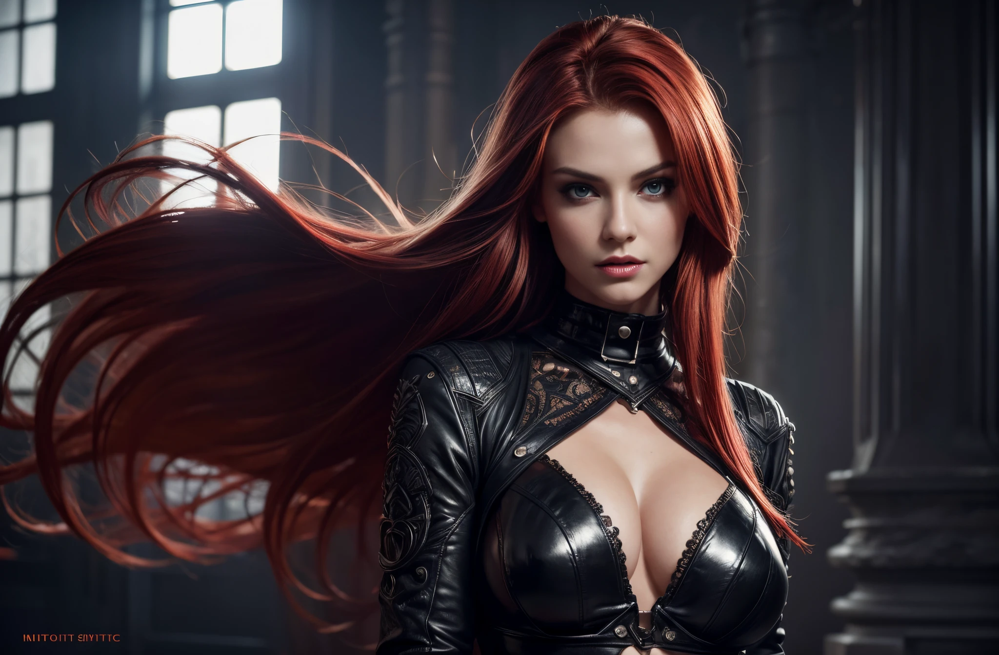vampire woman, Realistic skin,full - body, Smooth soft skin, Symmetrical facial, soft-lighting,highly detail face, Concept art, Digital Painting, ethereal, Epic, 8K, intricate details, sharp-focus, Trending on ArtStation, Sexy Eyes, red hair, twitter #NFSW, Smile, playboy cover, I&#39;m going to the camera, muscular, hyper realisitc, top model photo, punk style