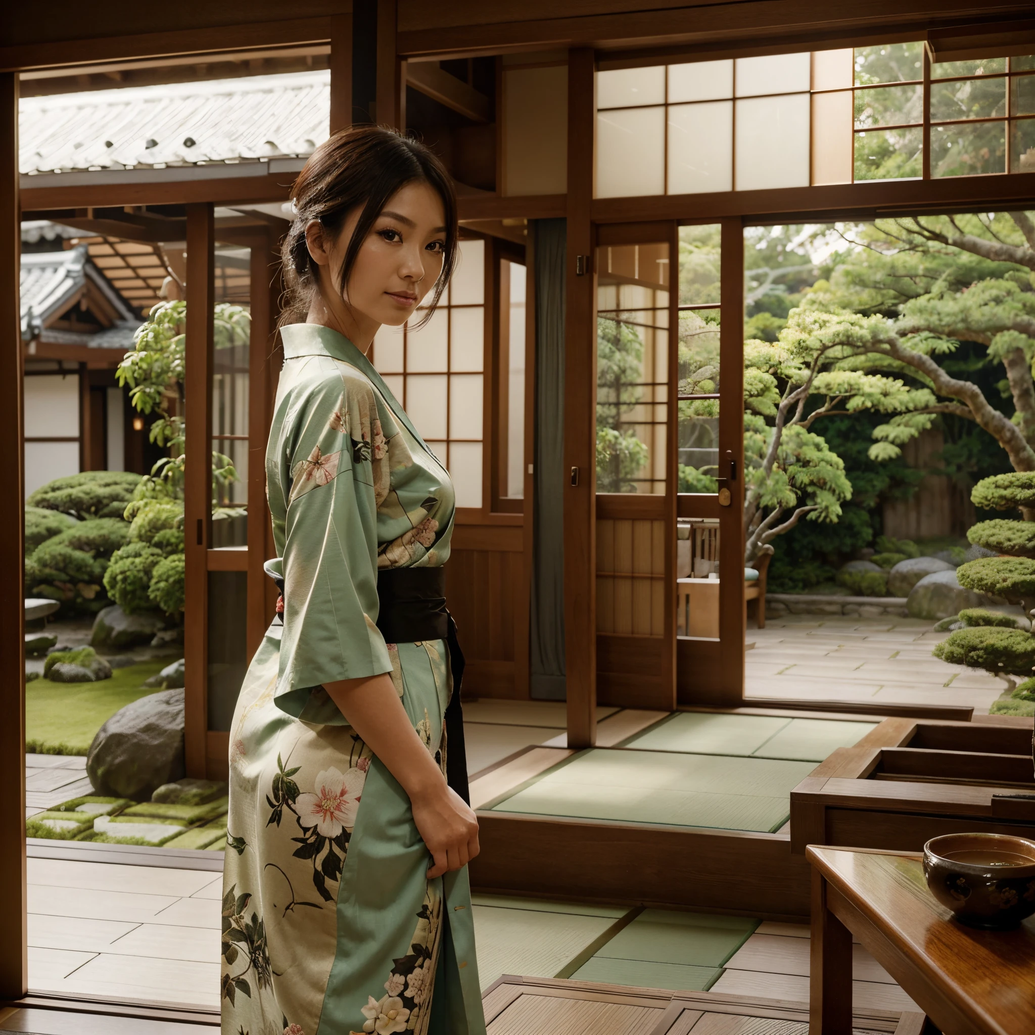 a living room with a view of a traditional japanese garden, tea time, a beautiful woman enjoying the scenery, (front view of woman), wearing kimono, upper body portrait, detailed face and eyes, some plants indoor, cozy house, morning, zen style, wooden interior, photorealistic