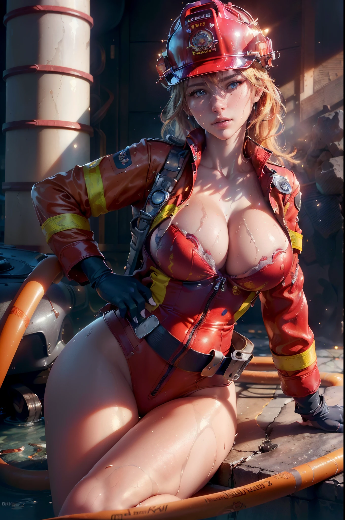 (Female firefighter wearing sexy firefighter uniform,firefighter jacket, wearing safety helmet, wearing sexy red strapless bra, charming, holding wate hose, highres, (large breast:1,5), serious expression, beautifull face, blue eyes, beautifull nose, raytracing, beautifull fingers, pretty fingers, (4 fingers and 1 thumb in 1 hand), , realistic fire, realistic water, focused picture, (fire truck background:1,2), not looking to viewer,(masterpiece, best quality:1.2),(8k,highres,RAW photo,realistic,photo-realistic:1.3),(detailed skin texture,detailed cloth texture,beautiful detailed face:1.25),professional lighting,photon mapping,beautiful soft light,radiosity,physically-based rendering,model shoot style, model shoot style, (extremely detailed CG unity 8k wallpaper), full shot body photo of the most beautiful artwork in the world, complex 3d render ultra detailed, looking at viewer, 18 yo, wet hair, real human skin, vibrant details, hyperrealistic, beautiful, octane render, 8k, best quality, masterpiece, an extremely delicate and beautiful, extremely detailed ,CG ,unity ,wallpaper, (realistic, photo-realistic:1.37),Amazing, finely detail, masterpiece,best quality,official art, extremely detailed CG unity 8k wallpaper ,extreme detailed eyes, (perfect face), shiny skin, colorful, highest detailed, vibrant colors, ultra high res, (high contrast), intricate, lens flare,