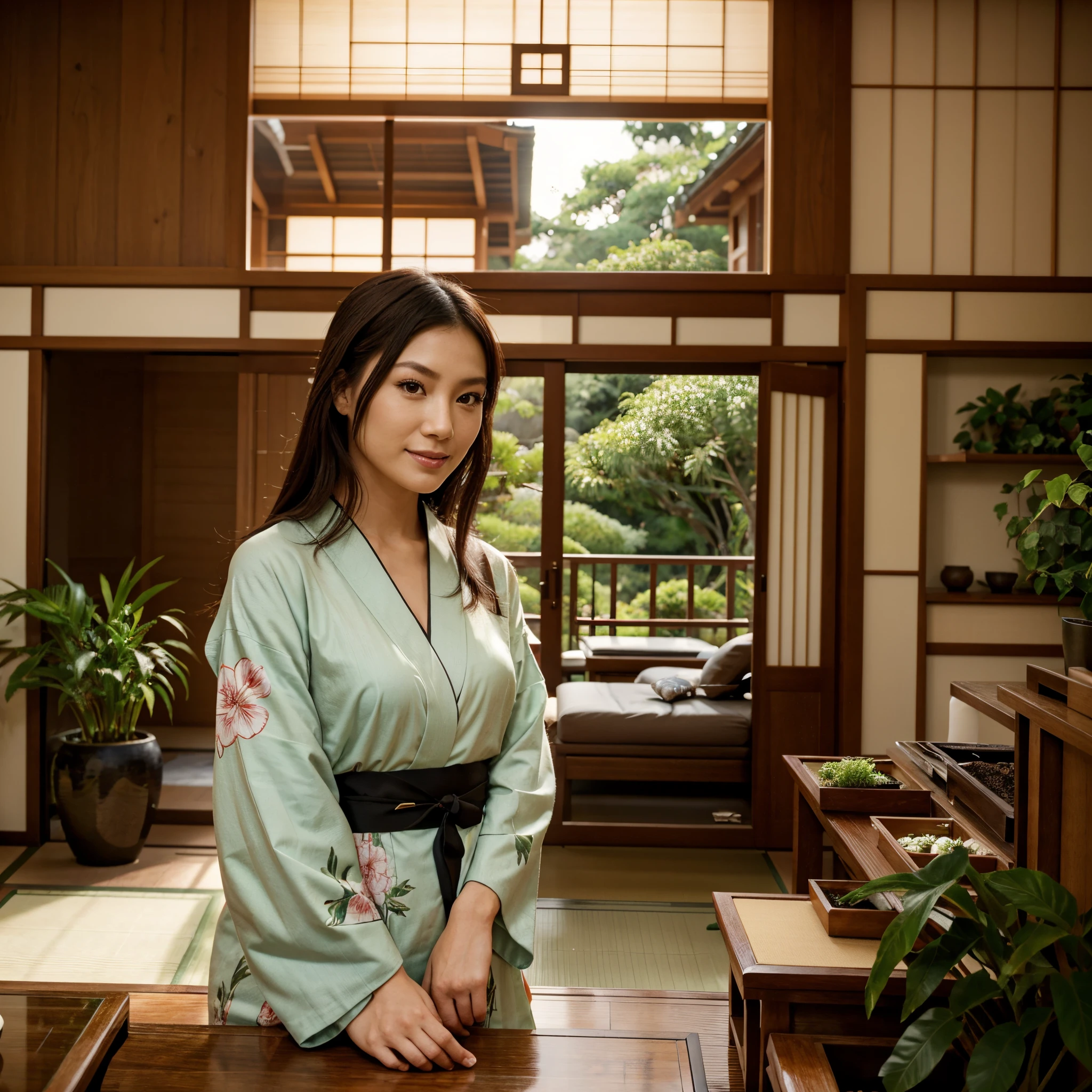 a living room with a view of a traditional japanese garden, tea time, a beautiful woman enjoying the scenery, (front view of woman), wearing kimono, upper body portrait, detailed face and eyes, little smile, some plants indoor, cozy house, morning, zen style, wooden interior, photorealistic
