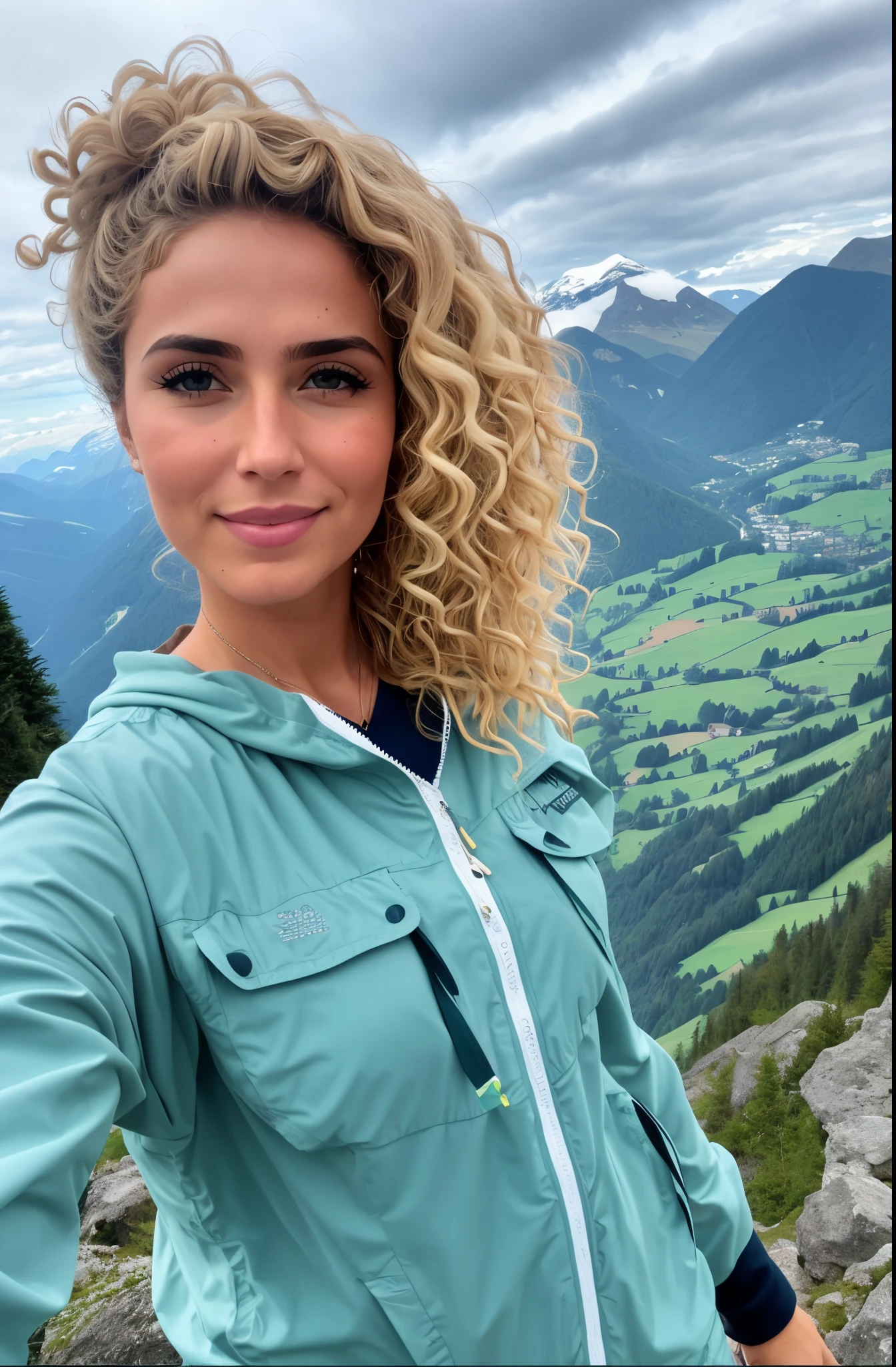 curly woman with curly blonde hair and blue eyes standing on a mountain, inspirado em Ulrika Pasch, uma montanha parece uma mulher, com montanhas ao fundo, com montanhas no fundo, com montanhas como pano de fundo, imagem de perfil, in the swiss alps, em uma montanha, nas montanhas, 🤬 🤮 💕 🎀, nas montanhas