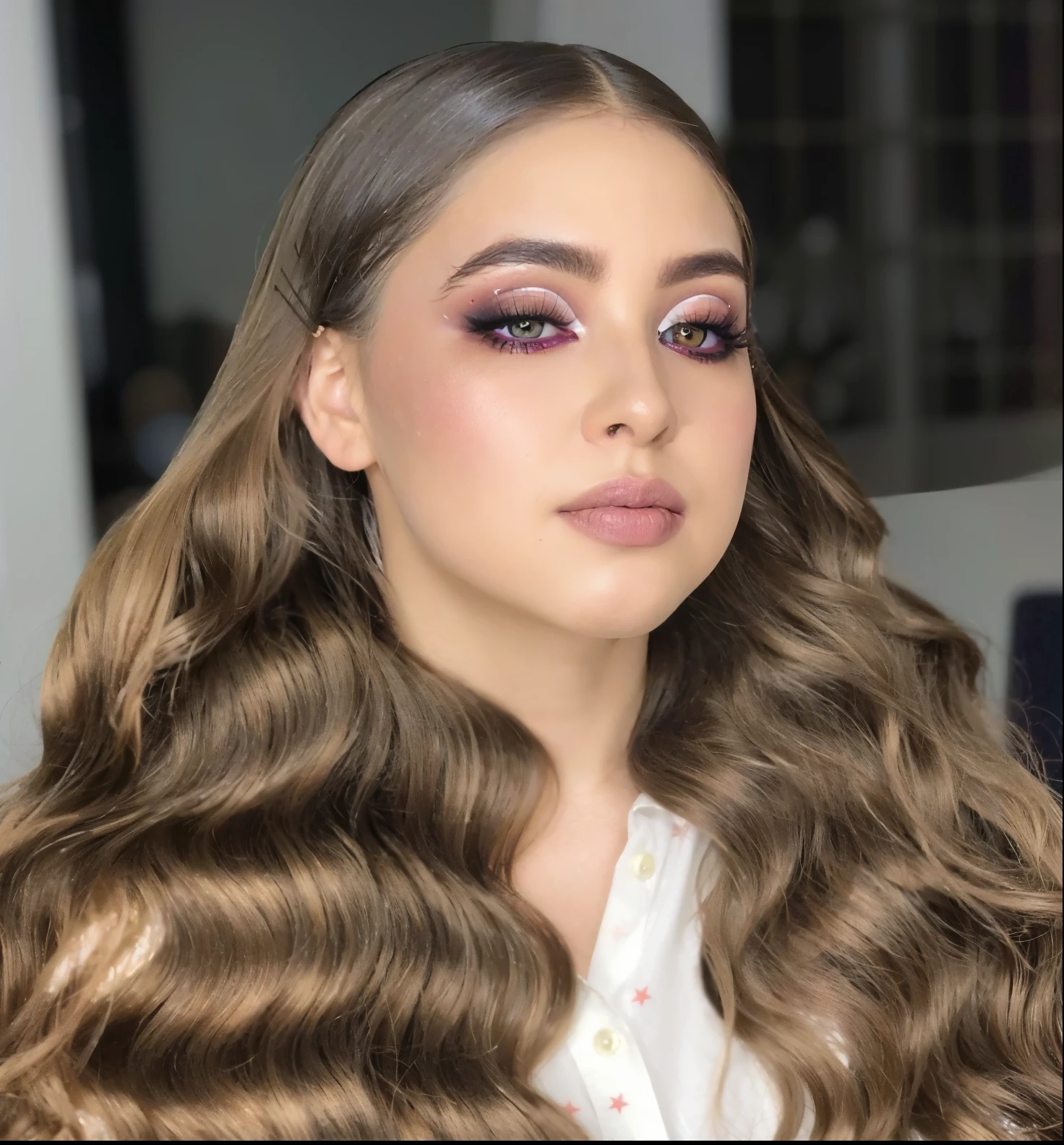 um close up de uma mulher com cabelo longo e maquiagem roxa, com maquiagem profissional, em maquiagem profissional, cabelos glam, olhar sensual, penteado ondulado, cabelos longos ondulados castanhos claros, maquiagem grossa e extravagante, rosto sexy com maquiagem completa, longos cabelos castanhos ondulados, maquiagem profissional, large eyes and flowing long hair, longos cabelos castanhos ondulados, brilhante, Directed by: Olivia Peguero,Muscular  woman (muscular female art, female muscular art, young muscle girl, female muscle) Join my patreon (18+), new unusual art of muscular women (and other art) is waiting for you! P.S. Commiss,cabelos pretos, cabelos extremamente longos, ocular amarelo))), Seios enormes, coxas grossas, sozinho, irritado, (pale skin), cowboy shot, toalha