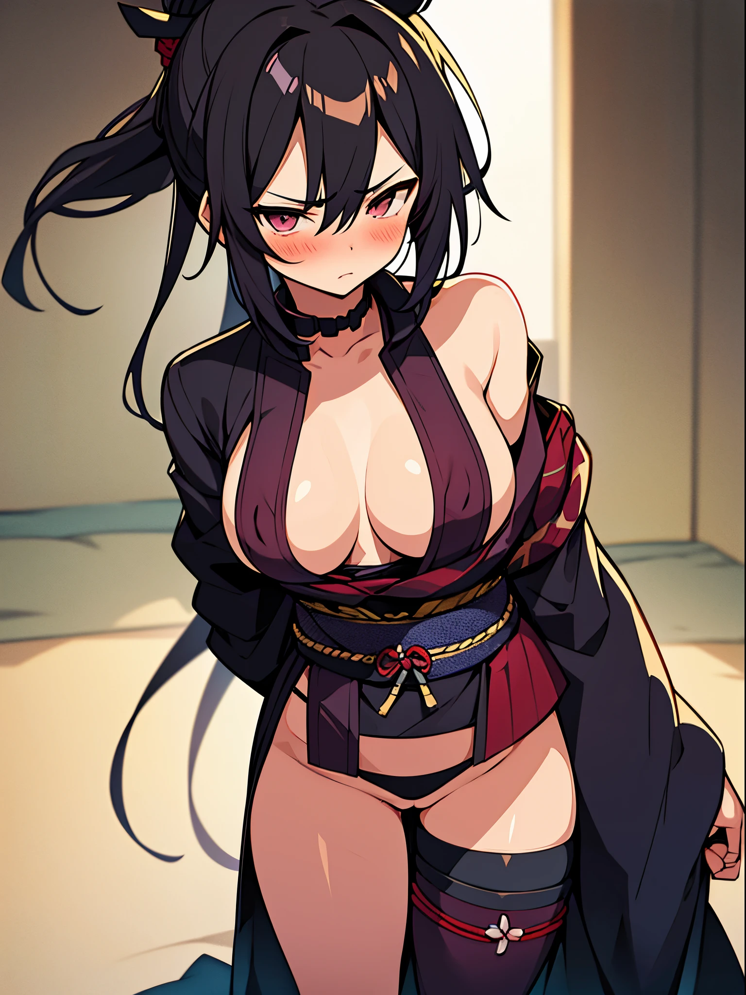 samurai girl, open clothes, nsfw, angry, blush,