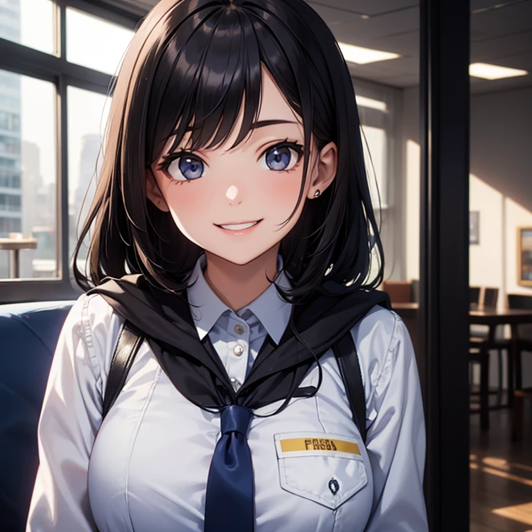 A 25 years old girl wearing FBI dress, smiling face, looking at viewer