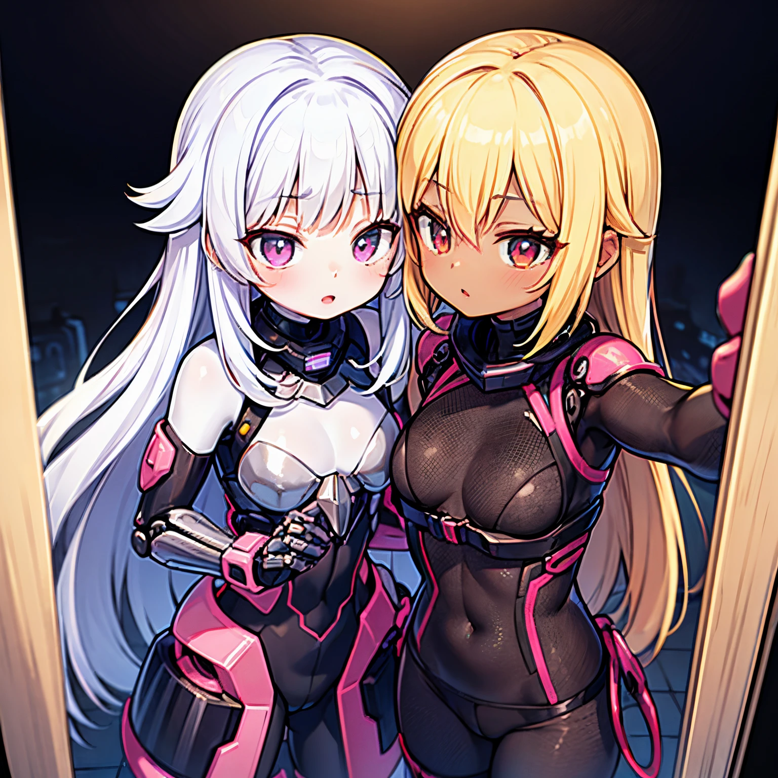(Masterpiece:1.4), (Best Quality:1.3),(beautiful detail eyes:1.2), (Top Quality:1.5),(High Resolution:1.5),Best Quality,Ultra-detailed,(2girls:1.3),dark skin,(yuri:0.8),taking selfies,dutch angle,Beautiful lighting,upper-body,BREAK,(beautiful detail eyes:1.2),(Top Quality:1.2),(High Resolution:1.2),,BREAK, face,OPPAЙ LOLIgirl with dark skin and a girl with white skin:1.3),Mesugaki,yellow hair,pink hair,(Green eyes:0.5),eyes with red eyes:0.3),BREAK,Happy,Butter,purple hair,girl-car with,Mechanical Girl,blurred background,science fiction,(grin:0.3),Fighting Girls,factory,cyber punk,mechanical,Cyborg,Robot Girl,Kiss,Mechanical room,Machine-building plant,metallic,