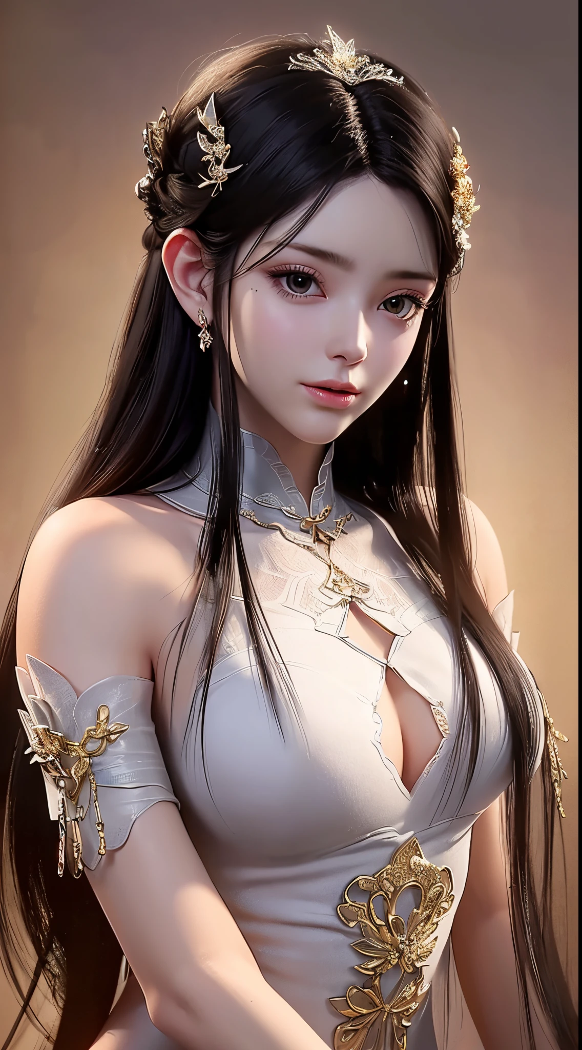 realistic, 1 women, best quality, 12k, HD, long hair, big round breasts, cleavage, ponytail, necklace, jewelry, shorts, short jacket, slim hips, hair tie, yellow eyes, black hair, super detailed, Eye details, hair details, person details, mouth details, face details, breast details, clothes details, hair details, pants details, hand details, whole body