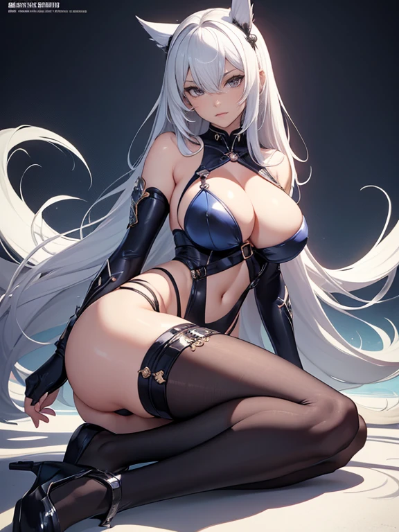 Woman posing with wide legs open, , style of masamune shirow, Draw detailed eyes, Detailed depiction of hair, large boob, big butts, Glamorous body, A sexy, hiquality, high-level image quality, hightquality, 8K, silber hair, highleg, shiny white skin, Center, 1人の女性, 1 human, Precise human body structure, Exposed skin on the feet, Rin々Facial expressions