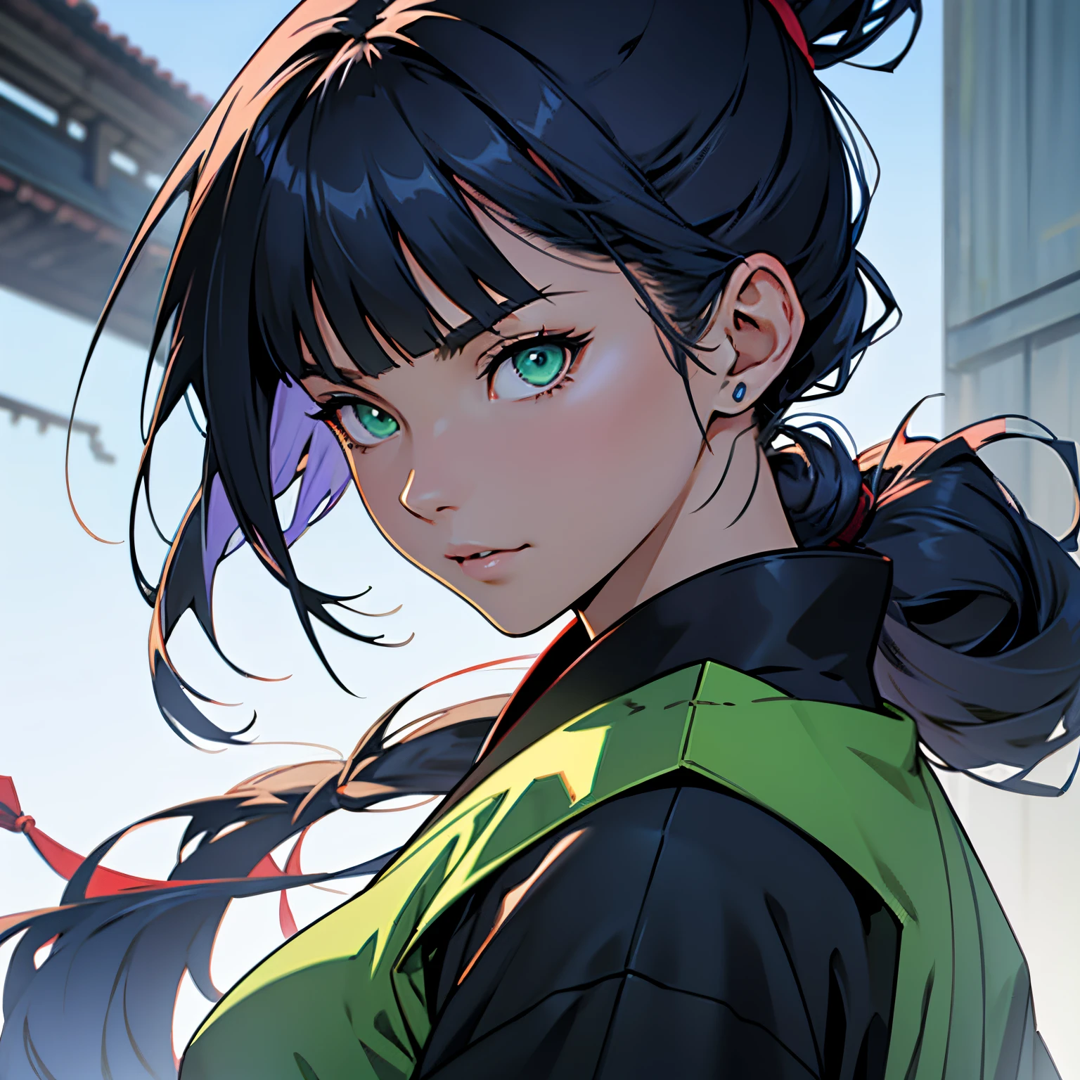 anime image of an woman with dark blue hair and green eyes, long hair in ponytail, hair bangs, 1woman, solo woman, female anime character, head shot, close up shot, background, ninja clothing, traditional japanese clothing, dark clothing