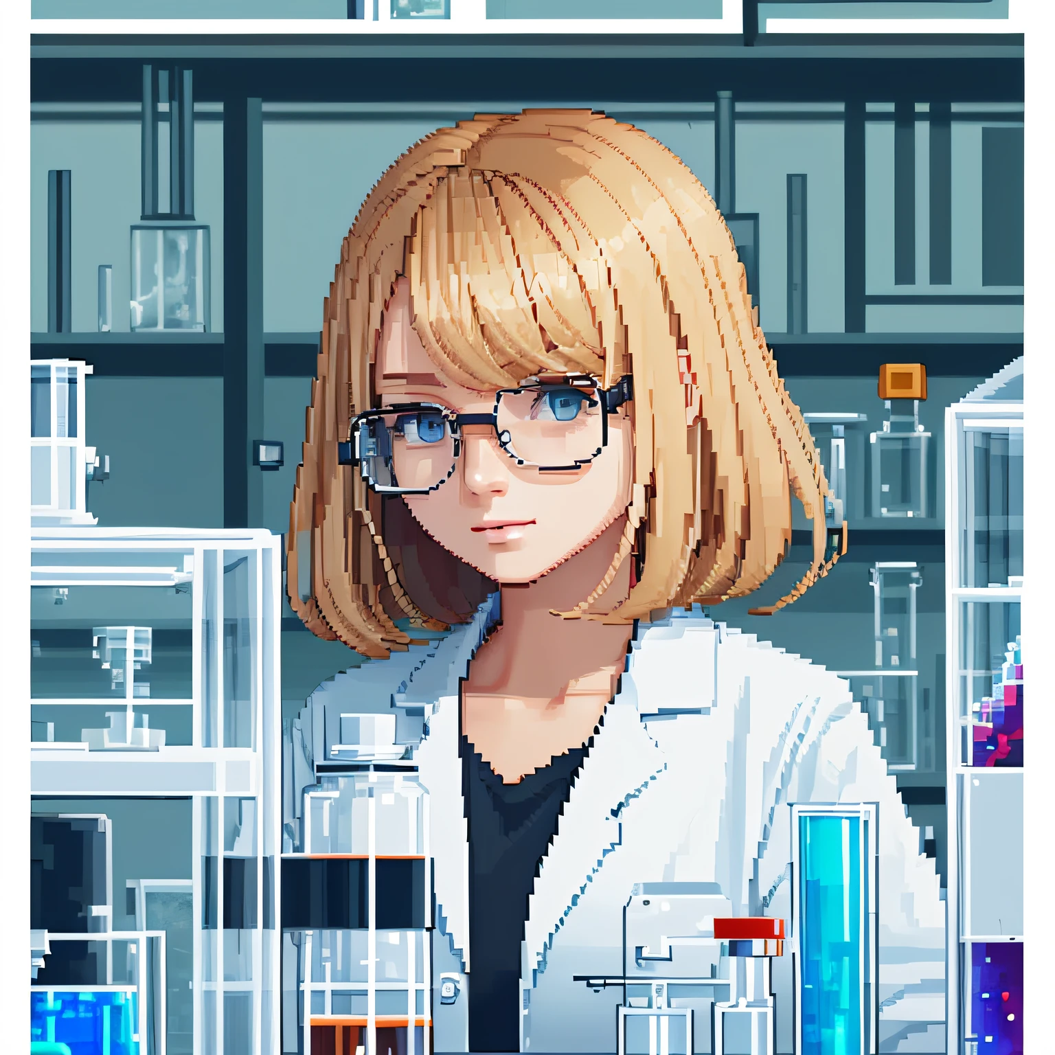 (the scientist:1.2), pixelart, sportrait, view the viewer, No glasses, femele, blond hairbl, in laboratory