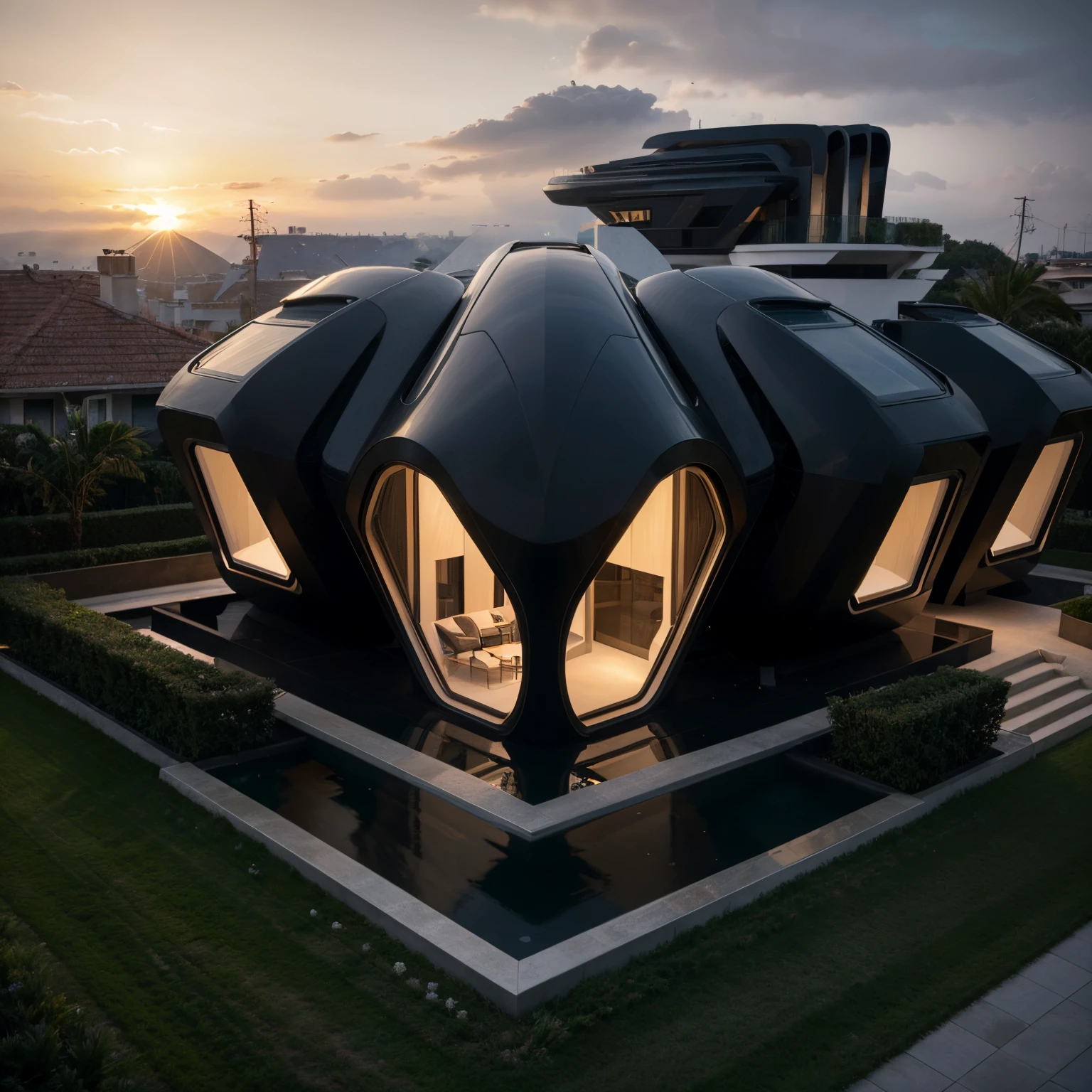 hyper realistic organic futuristic villa designed by Zaha Hadid with black frames , sunset , hyper realistic, depth of field , modern architecture, minimal architecture , futuristic architecture , foggy , lights on front garden no human, isometric view