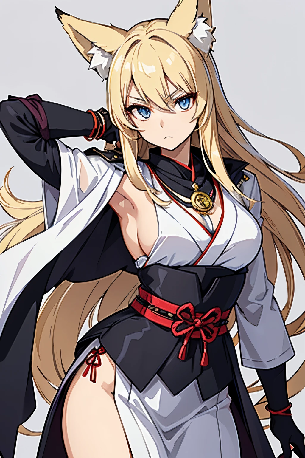 The character should embody an ethereal and confident aura, with a mix of distinctive features such as fox-like ears, sharp eyes, and an adventurous outfit tailored for a female form. The hair should be a blend of white and light blonde, flowing and slightly unkempt, to suggest a wild spirit. Her outfit should be a unique, detailed costume that fuses traditional Japanese clothing with modern, edgy elements, including a cape or jacket. Incorporate accessories like belts, gloves, and a pendant for added intricacy. The character should stand in a relaxed yet ready pose, exuding a sense of mystery and strength. The background should remain minimalist to keep the focus on the character's detailed design and vibrant colors.