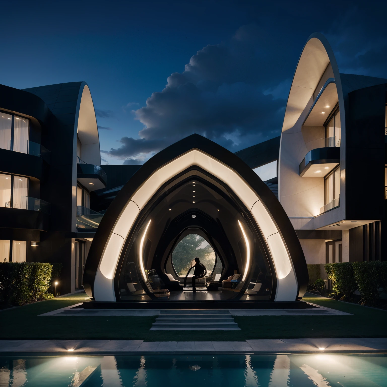 hyper realistic organic futuristic villa designed by Zaha Hadid with black frames , sunset , hyper realistic, depth of field , modern architecture, minimal architecture , futuristic architecture , foggy , lights on front garden no human, isometric view