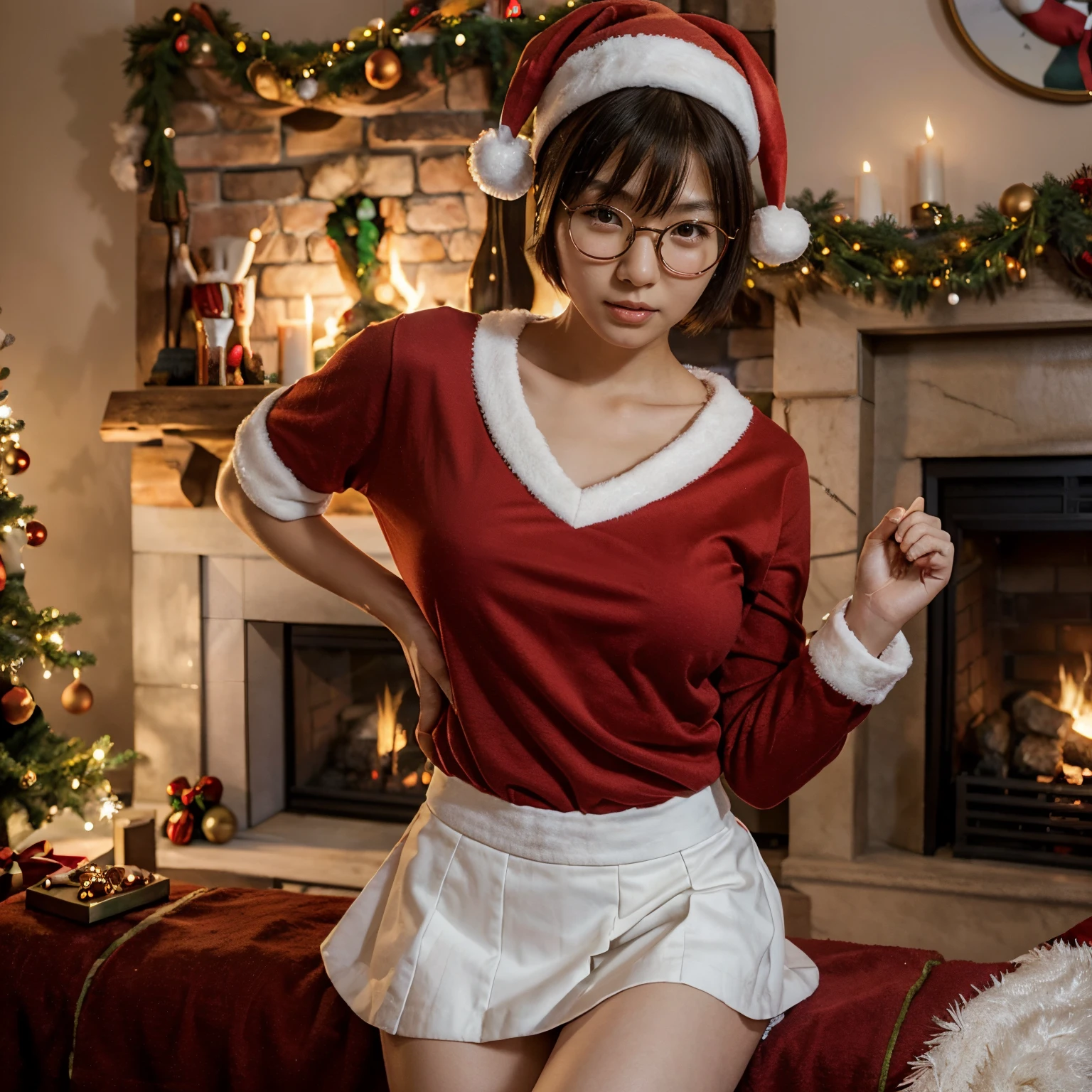 Japanese girl in front of fireplace, short cut hair, charming, round glasses, open cunt, Christmas tree, skinny body, Santa Claus's cap, red shirt with white fur, red skirt, beautiful fingers