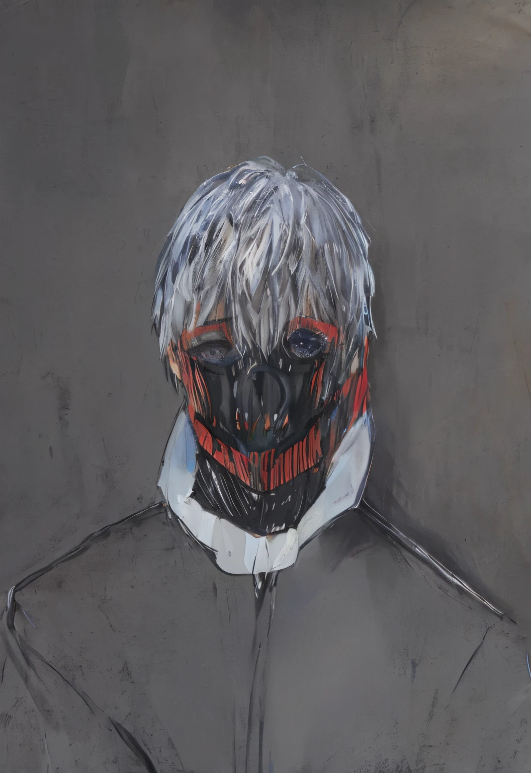 Draw a man with a mask on his face, kaneki ken, kaneki ken, The style of Francis Bacon, Inspired by Nico Mori, benjamin vnuk, Inspired by Francis Bacon, Tokyo Ghost Eater, portrait of a starving ai artist, The style of Francis Bacon, author:Attila Mesleni, author:Nicomoli, author:Donggen Yunguo