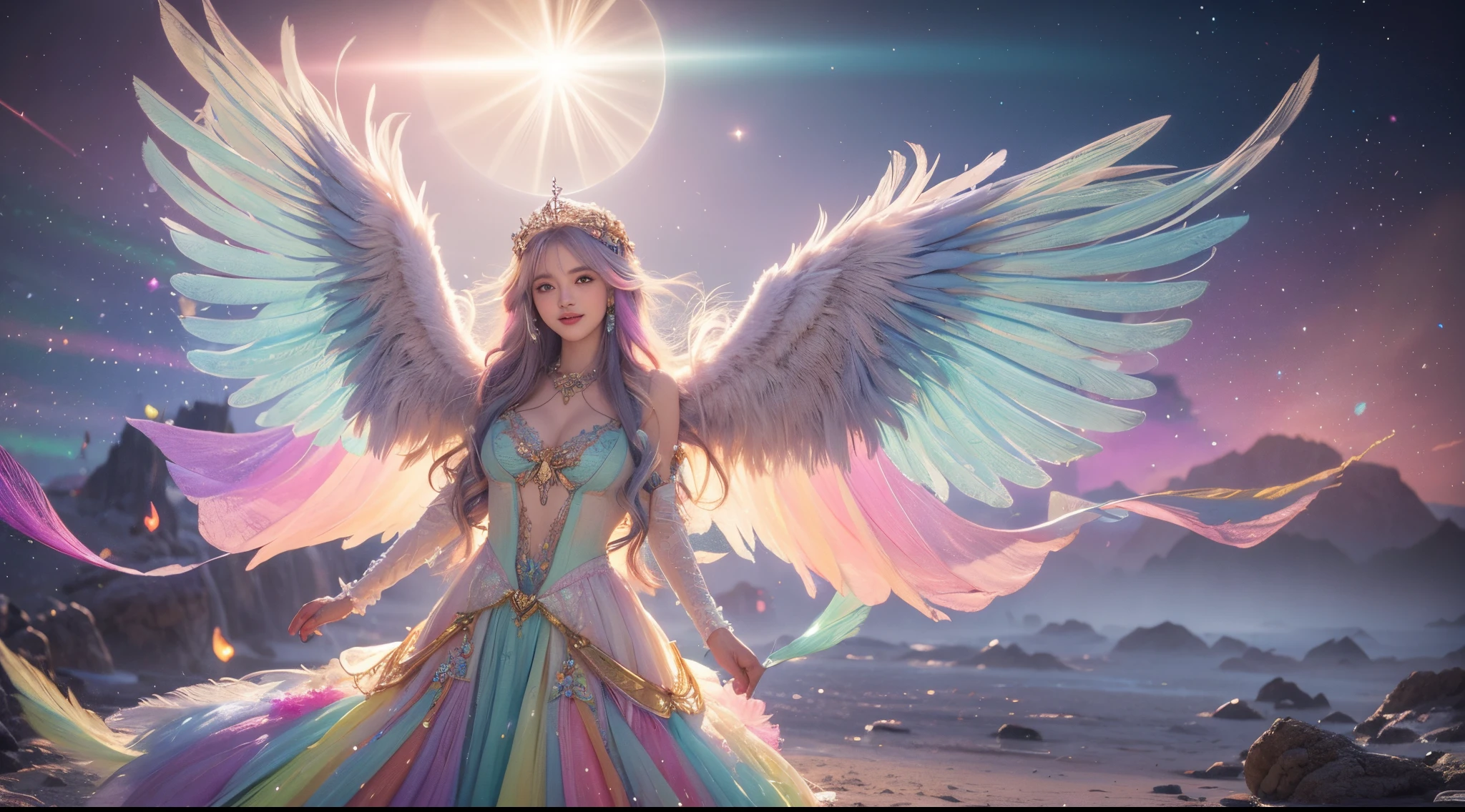 1girl, 23 years old, standing regal with open hands, symmetrical and fractal, multi-color pastel long hair, colorful (1.2), lies in a bird's nest and hatches (1.2), perfect face, sexy linagerie, oil , kinky and sexy smile, looking at the viewer, fairy wings, Big fairy wings, multi color pastel feather wings, fairy vibe , background of mystic realm and magic, the particles of magic light with multi color , wind forming particles in seamless fractal pattern, warm light, epic scene , HDR+, extreme detailed ,Nikon D850, masterpiece, devianart, photo-real painting