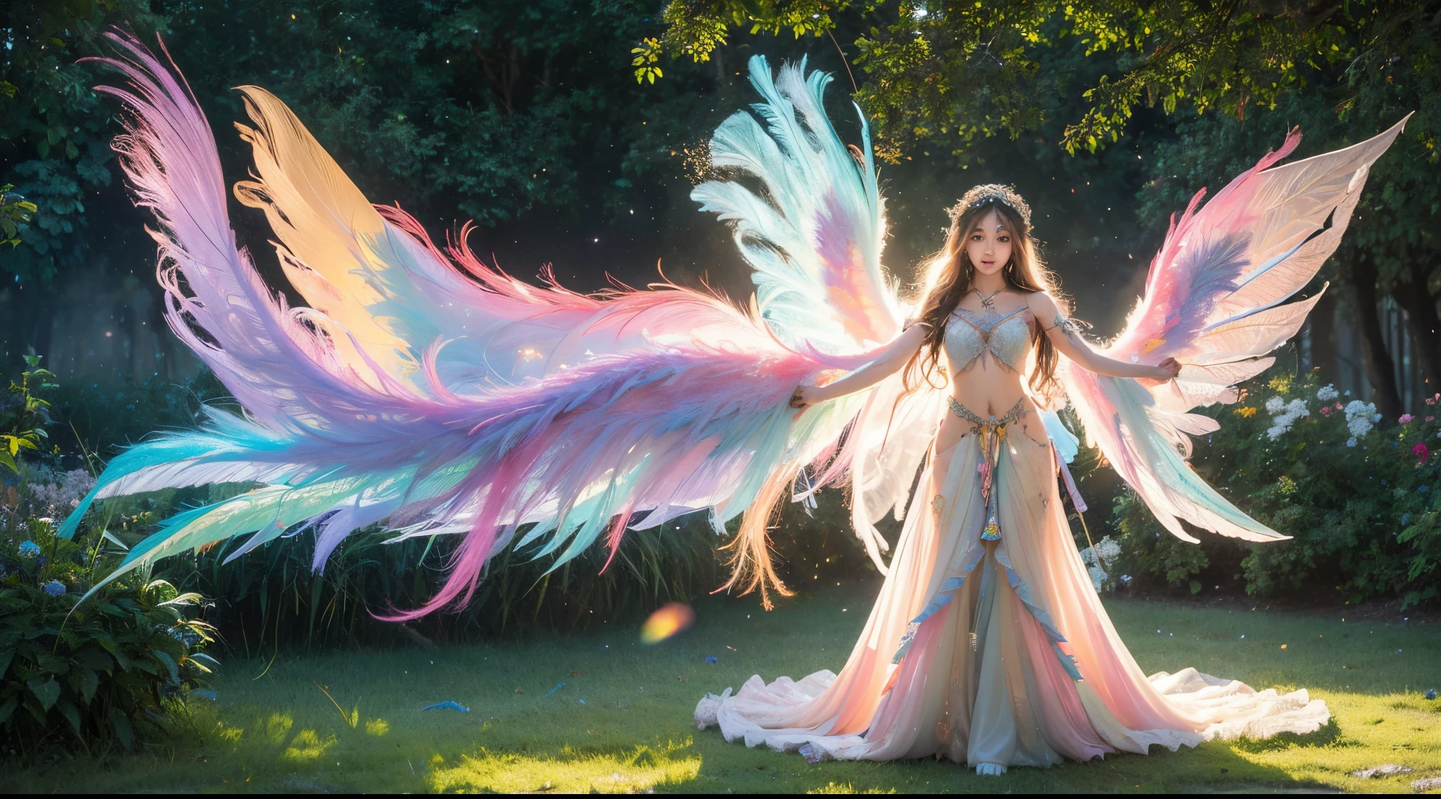 1girl, 23 years old, standing regal with open hands, symmetrical and fractal, multi-color pastel long hair, colorful (1.2), lies in a bird's nest and hatches (1.2), perfect face, sexy linagerie, oil ,  kinky and sexy smile, looking at the viewer, fairy wings, Big fairy wings, multi color pastel feather wings, fairy vibe , background of mystic realm and magic, the particles of magic light with multi color , wind forming particles in seamless fractal pattern, warm light, epic scene , HDR+, extreme detailed ,Nikon D850, masterpiece, devianart, photo-real painting