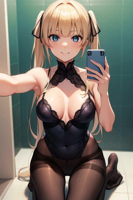 eririspencer, eriri sawamura spencer, blonde hair, blue eyes, blunt bangs, hair ribbon, hime cut, long hair, twintails, full body, full pose, ((medium BREASTS)), ((smile)), teeth, Grimace, ((kneeling)), ((black pantyhose)), ((naked upper body)), ((blue lace panties)), ((selfie)), ((looking at viever)), ((bathroom background)), BREAK (masterpiece:1.2), best quality, high resolution, unity 8k wallpaper, (illustration:0.8), (beautiful detailed eyes:1.6), extremely detailed face, perfect lighting, extremely detailed CG, (perfect hands, perfect anatomy),